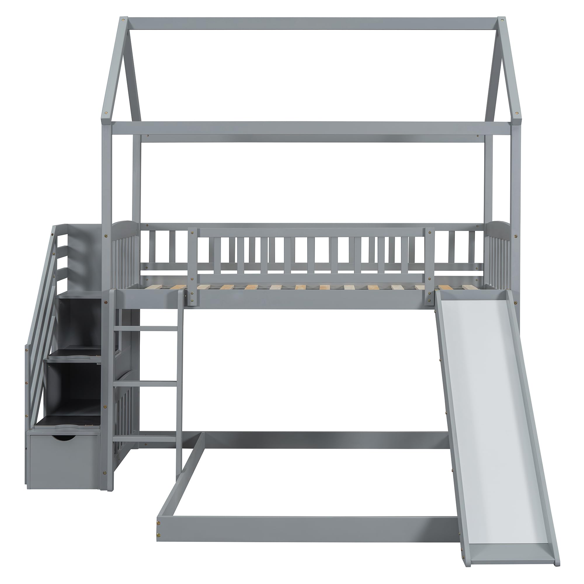Solid Wood Twin Over Twin Bunk Bed with Slide - Kids Loft Bed with Storage Staircase, Roof & Guardrails - Easy Assembly House Bed for Boys, Girls & Teens (Gray) - Perfect for Small Bedrooms, Playrooms & Sleepovers