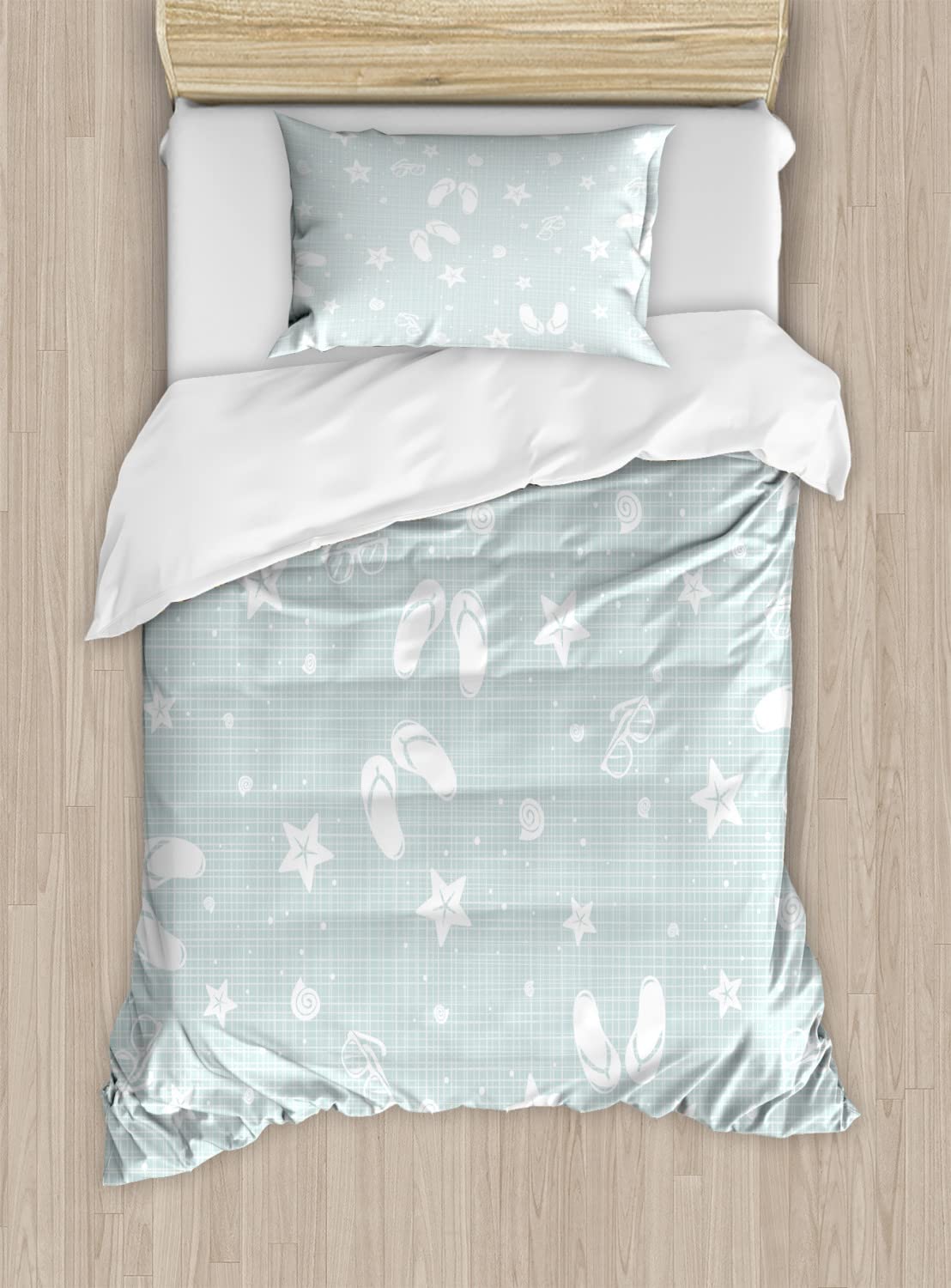 Ambesonne Aqua Beach Theme Duvet Cover Set - 2 Twin Size Duvet Covers & 2 Pillowcases with Seashells, Starfish, Flip Flops & Sunglasses Summer Holiday Design in Seafoam and White - Perfect for Coastal Bedrooms, Vacation Homes & Summer Decor