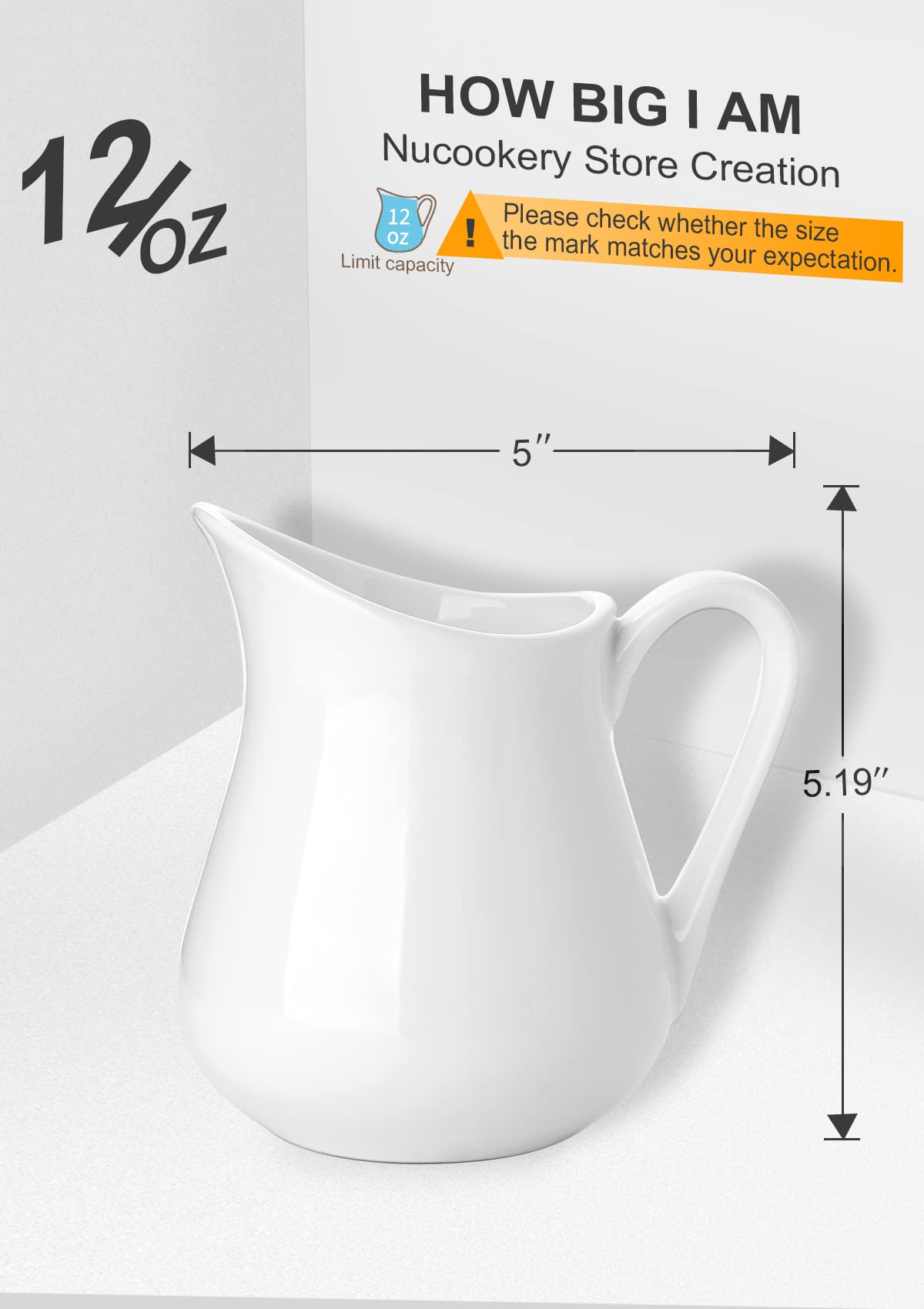 Nucookery 12 Oz White Ceramic Creamer with Handle - Microwave & Freezer Safe Coffee Milk Pitcher for Sauces, Salad Dressing & Beverages - Perfect for Home, Cafe & Restaurant Use (Set of 1)