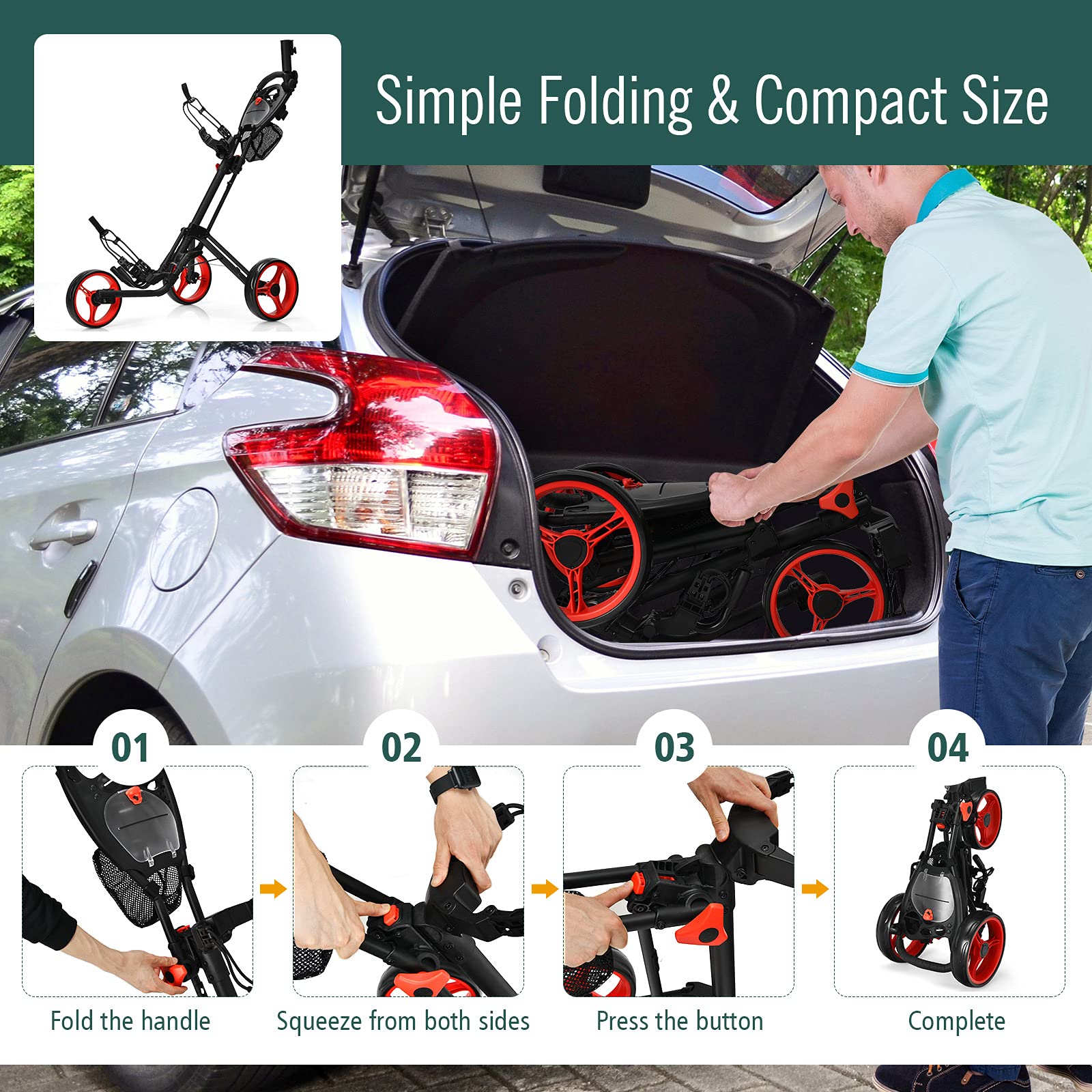 **Tangkula Lightweight Aluminum 3-Wheel Golf Push Pull Cart - Foldable Golf Trolley with Storage Bag, Beverage Holder & Foot Brake - Adjustable Umbrella Holder & 4 Height Positions - Perfect for Golf Courses & Outdoor Sports**