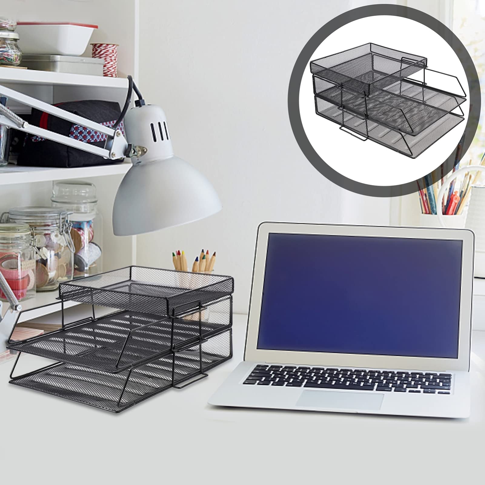 NUOBESTY 3-Tier Mesh Desk Organizer - Black Vertical Stackable File Tray for Documents, Letters & Office Supplies | Perfect for Home Office, School & Workspace Organization
