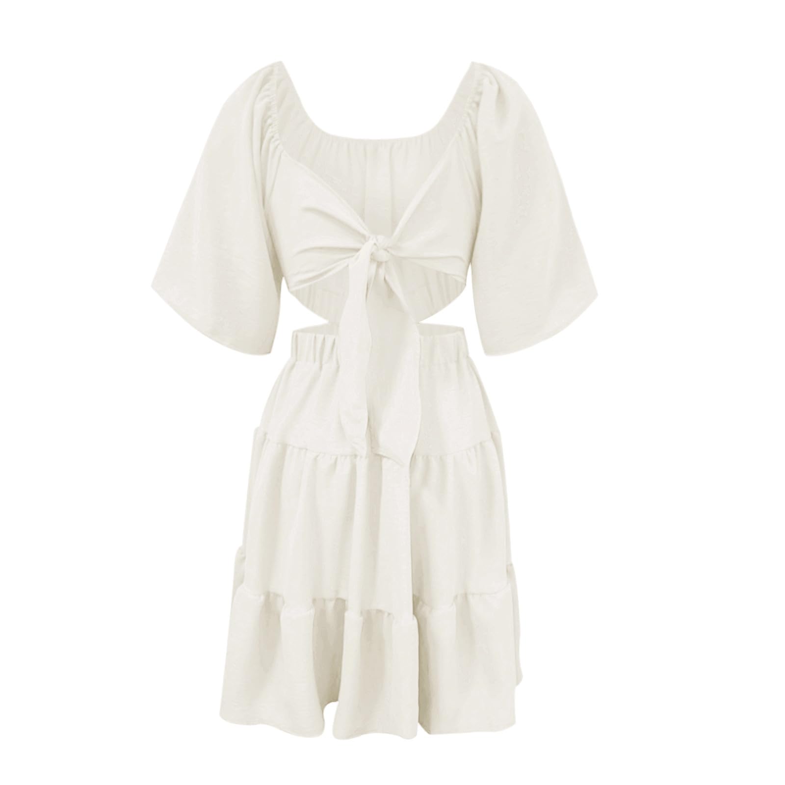 Women's Summer Square Neck Short Sleeve Crossover Waist Mini Dress - Casual Party Outfit for Beach, Vacation & Date Night
