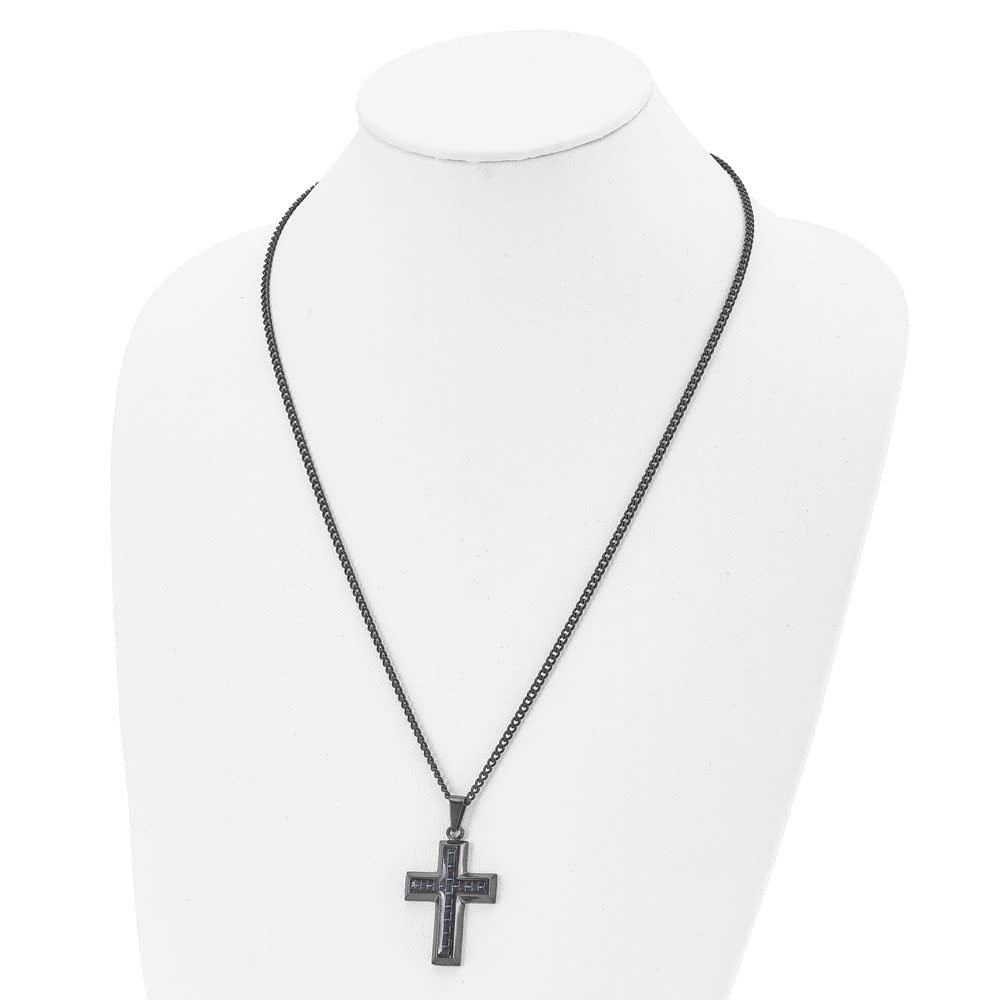 Black Bow Black Plated Stainless Steel Blue Carbon Fiber Cross Necklace - 24 Inch Religious Jewelry for Men & Women - Perfect for Church, Gifts, and Everyday Wear