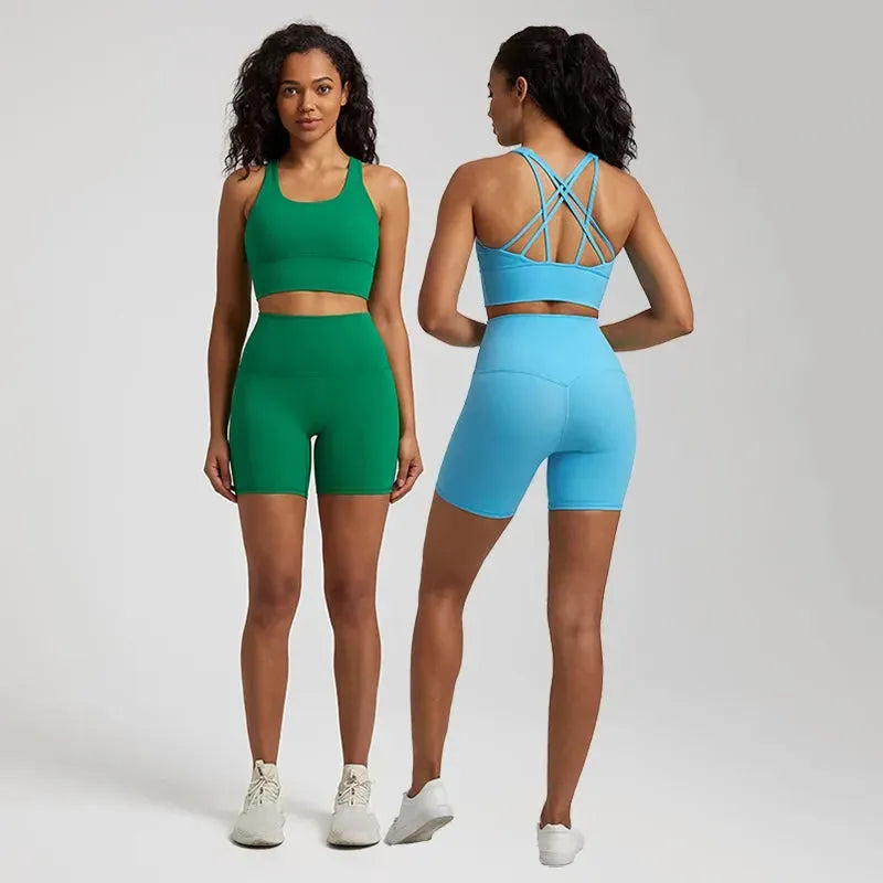 Buttery Soft 2-Piece Nylon Yoga Shorts Set for Women - High Waist Workout Clothes & Push Up Sports Bra - Perfect for Gym, Yoga & Running