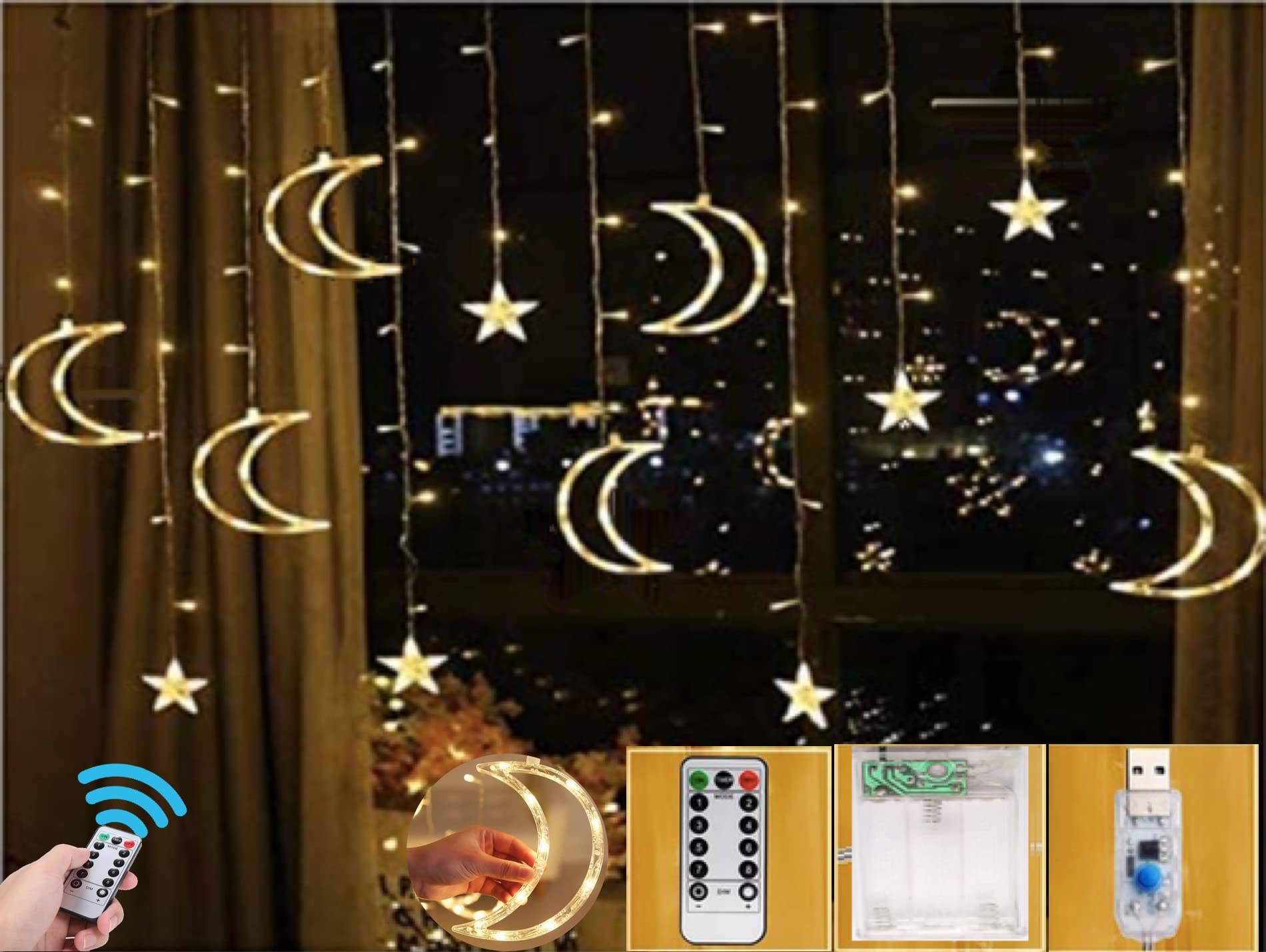 138 LED Moon and Stars Window Curtain Lights with 8 Flashing Modes - Remote Control, Battery & USB Powered Warm White Holiday Decor for Christmas, Bedroom, Party & Wedding Decorations