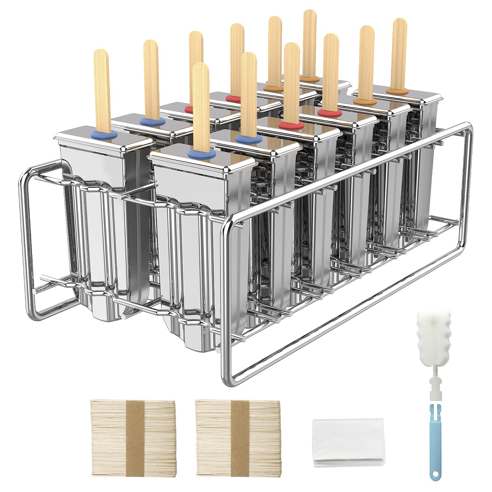 12 Pack Stainless Steel Popsicle Molds with Holder - Reusable Fast Freezing Ice Treat Maker Kit Includes Wooden Sticks & Storage Bags - Perfect for Homemade Ice Lollies, Healthy Snacks & Summer Desserts