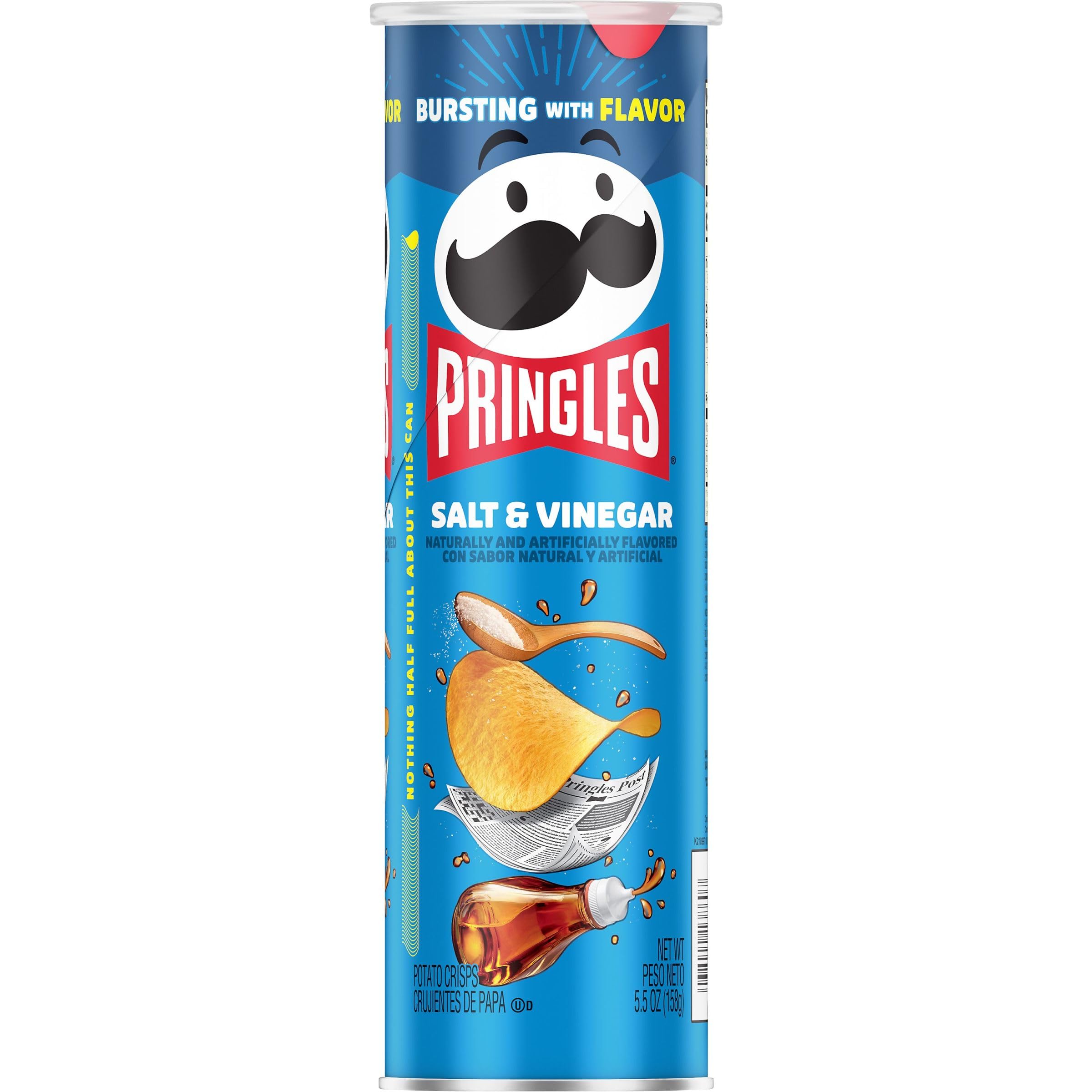 Pringles Salt and Vinegar Potato Crisps Chips - 5.5oz Can (Pack of 1) - Crunchy Lunch Snacks, On-The-Go Treats for Work, School & Travel