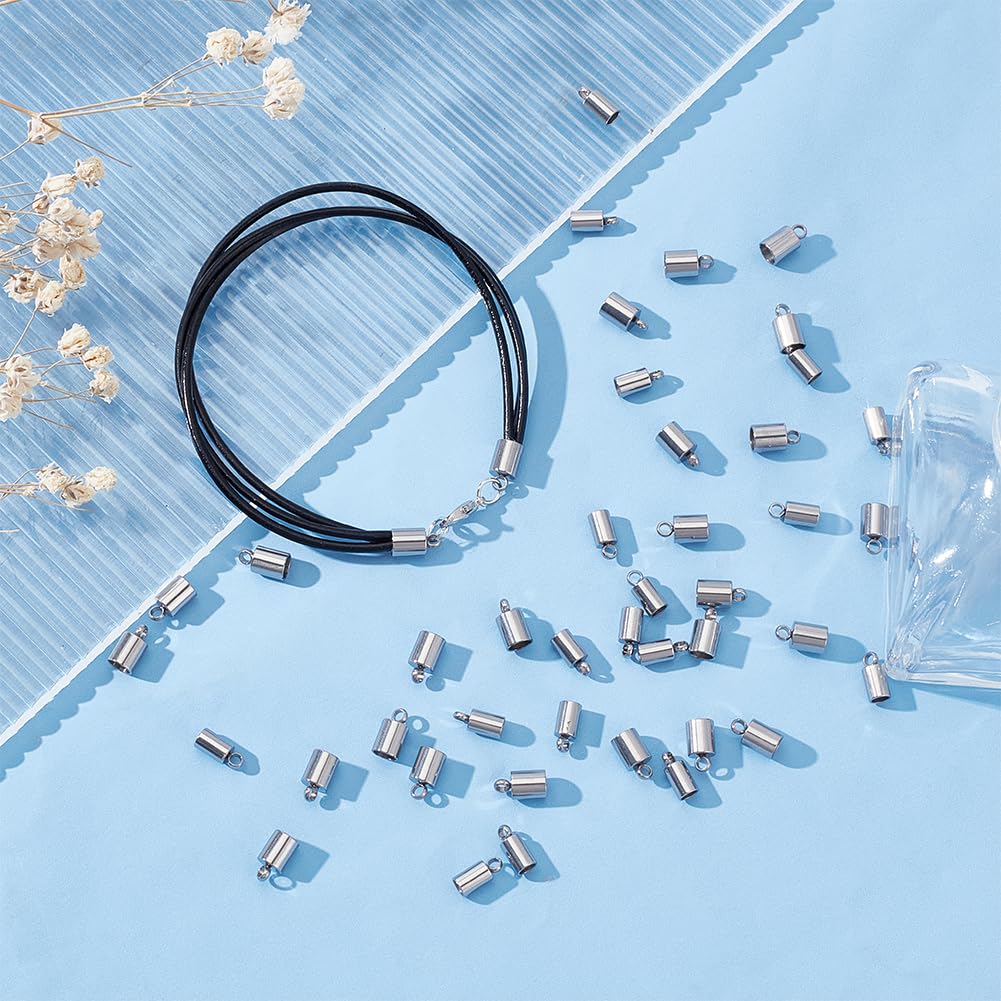 UNICRAFTALE 100pcs 2 Sizes 3mm/4mm 304 Stainless Steel Barrel Cord End Caps - Leather Bracelet Tips, Jewelry Making Supplies for DIY Bracelets, Necklaces & Craft Projects