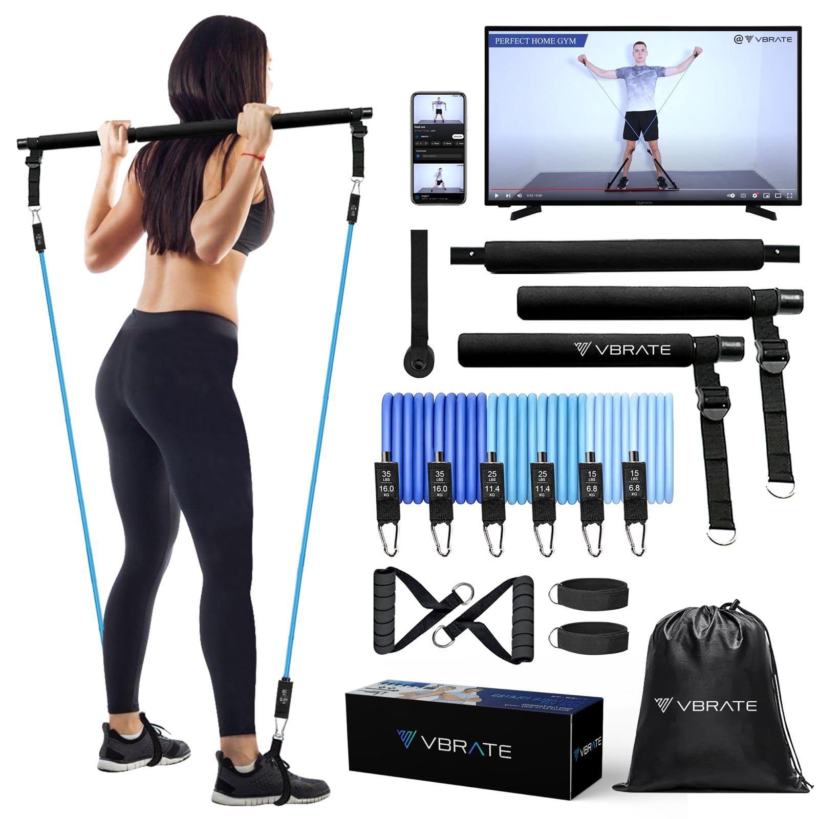 Pilates Bar Kit with 6 Resistance Bands - Heavy Duty Adjustable Yoga Bar for Women & Men, Full Body Workout Equipment for Home Gym, Perfect for Strength Training, Toning & Stretching - Ideal for Home, Office & Travel Fitness