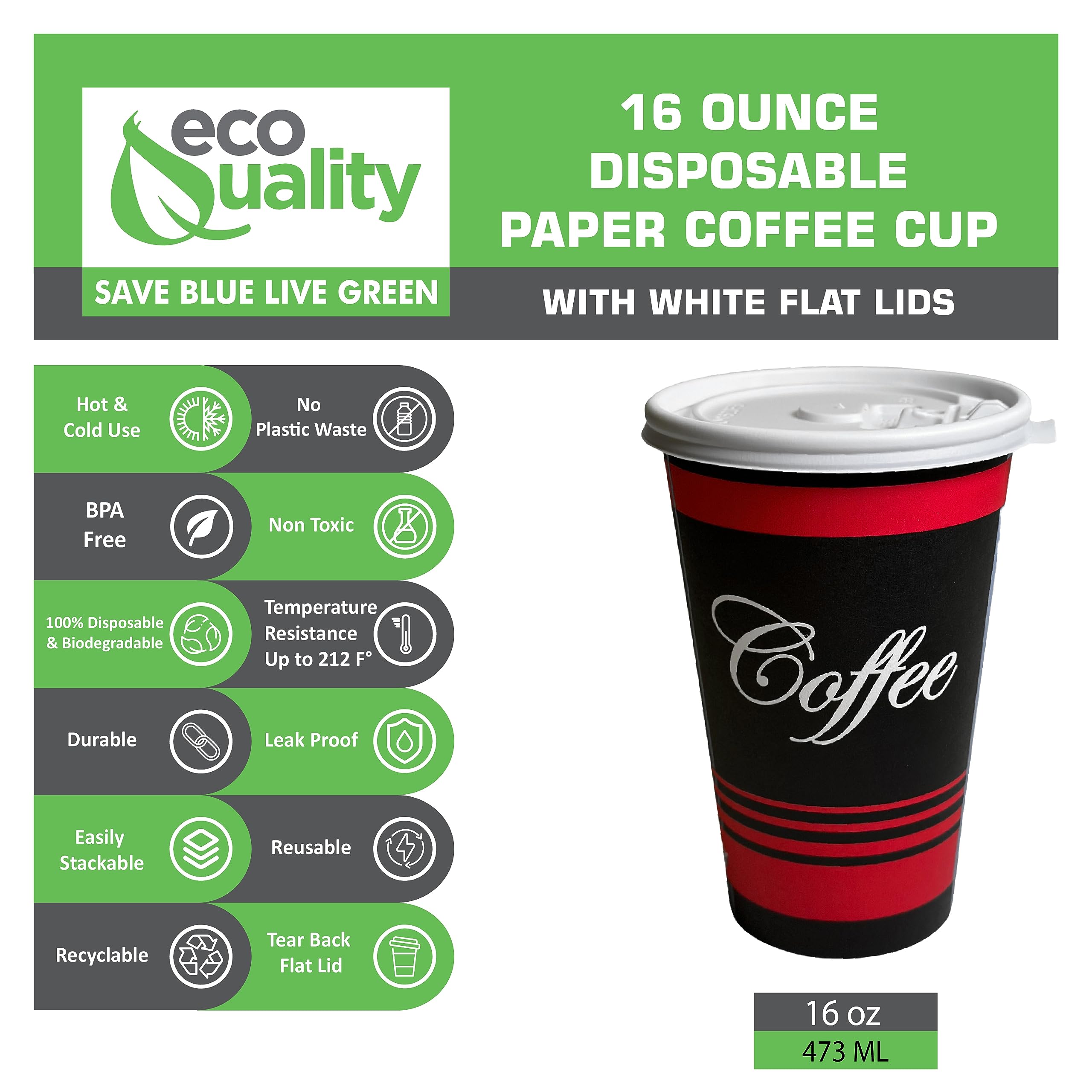 EcoQuality 16 oz Disposable Paper Hot Cups with White Lids - 100 Count Durable Coffee Cups for Hot & Cold Drinks, Tea, Cocoa - Perfect for Office, Travel, Parties & Cafes (16 Ounce Bulk Pack)