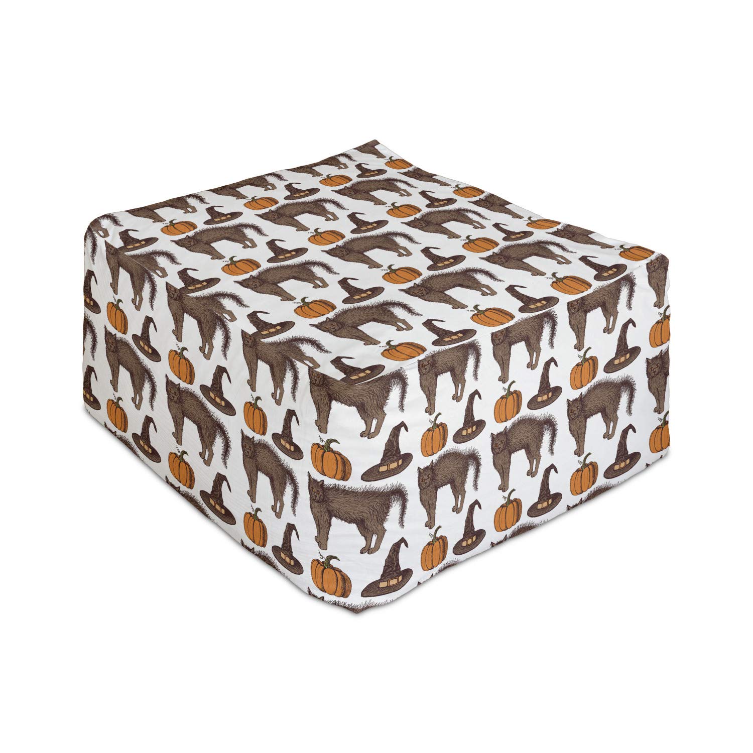 Ambesonne Halloween Rectangle Pouf Ottoman - Vintage Pumpkin, Witch Hat & Cat Print Foot Stool with Removable Cover, 25