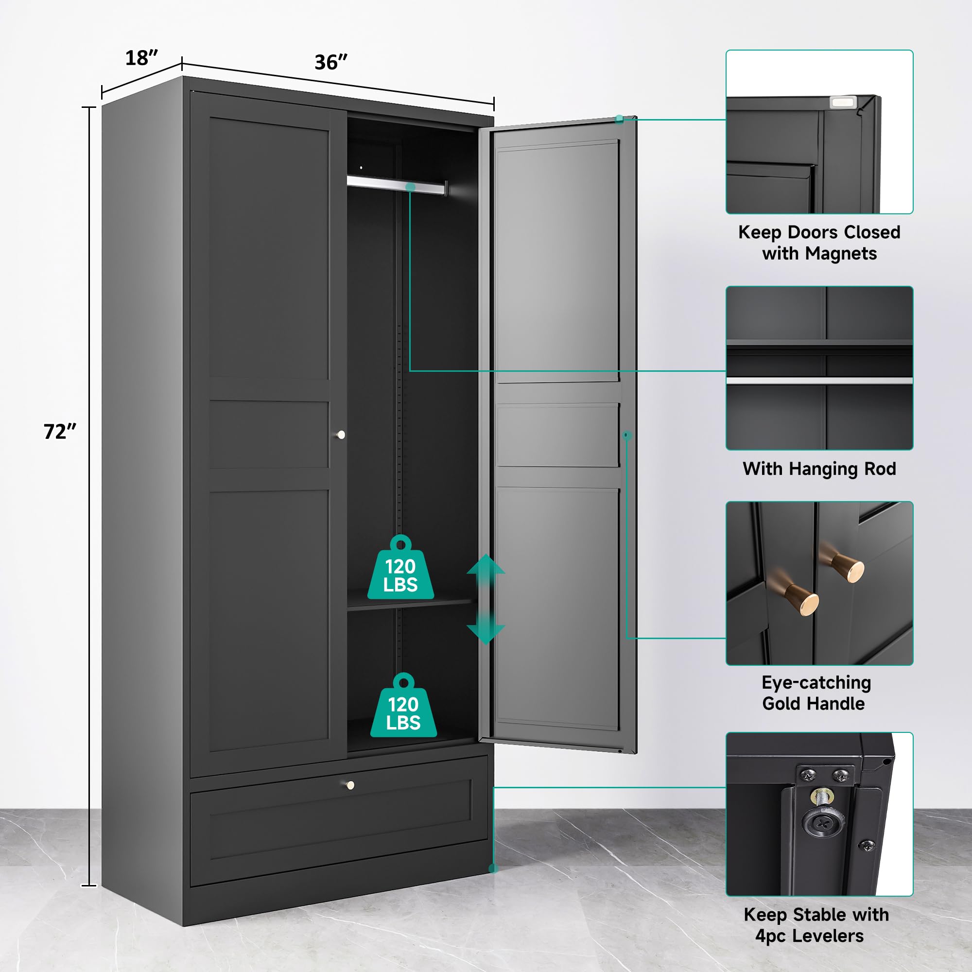 Black Metal Wardrobe Cabinet with Doors & Drawer - Adjustable Shelves & Hanging Rod for Bedroom Closet Storage | Home Organization & Clothing Armoire for Small Spaces