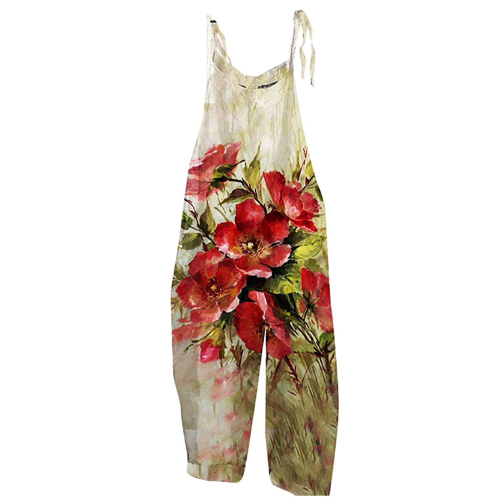 Women's Floral Cotton Jumpsuit - Elegant Sleeveless Romper with Spaghetti Straps & Tie Detail - Perfect for Summer Outings, Beach Vacations & Casual Wear