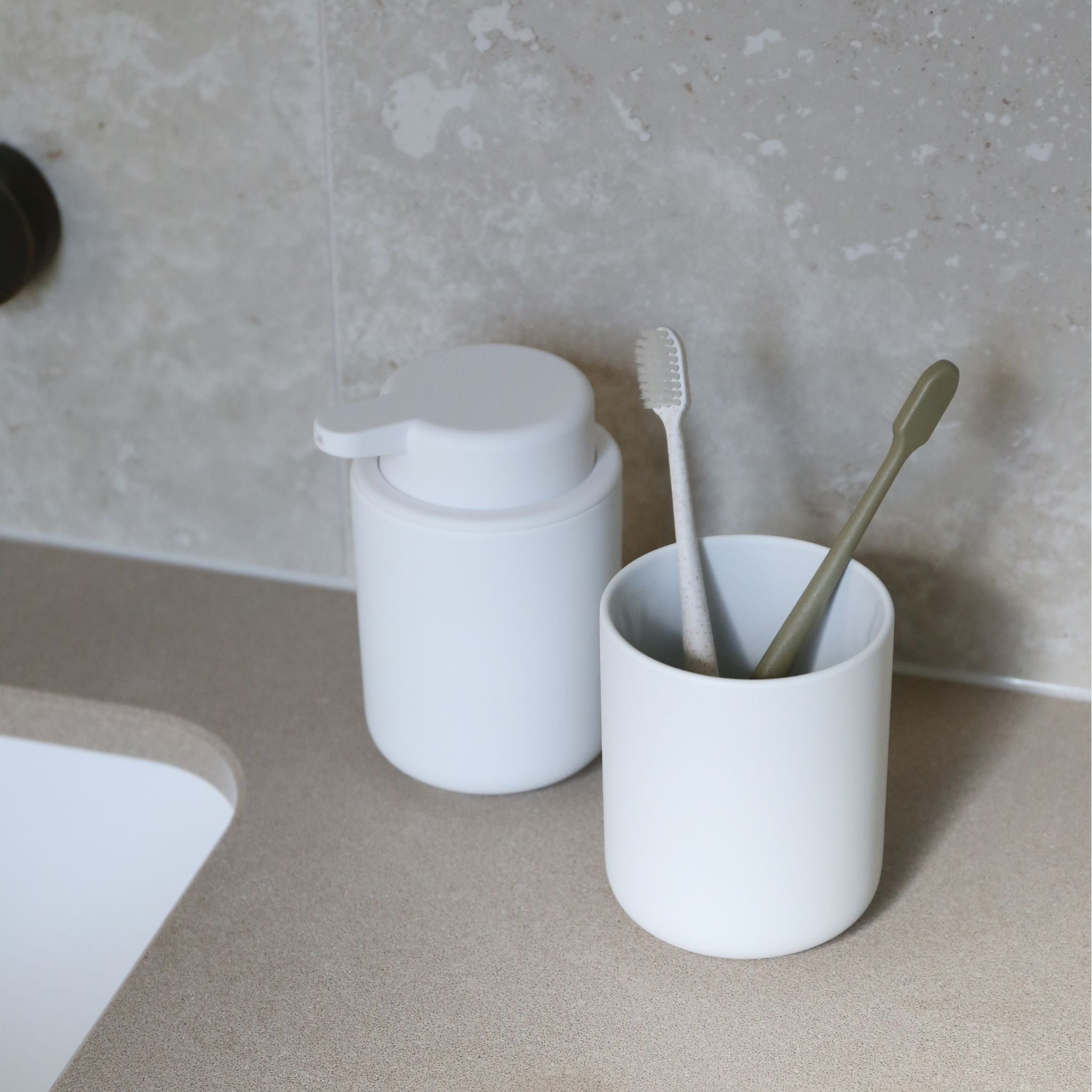 ZONE DENMARK Ume Tumbler and Toothbrush Holder - White Ceramic Bathroom Organizer for Toothbrushes, Cups & Essentials | Perfect for Modern Bathrooms, Vanities & Countertop Storage