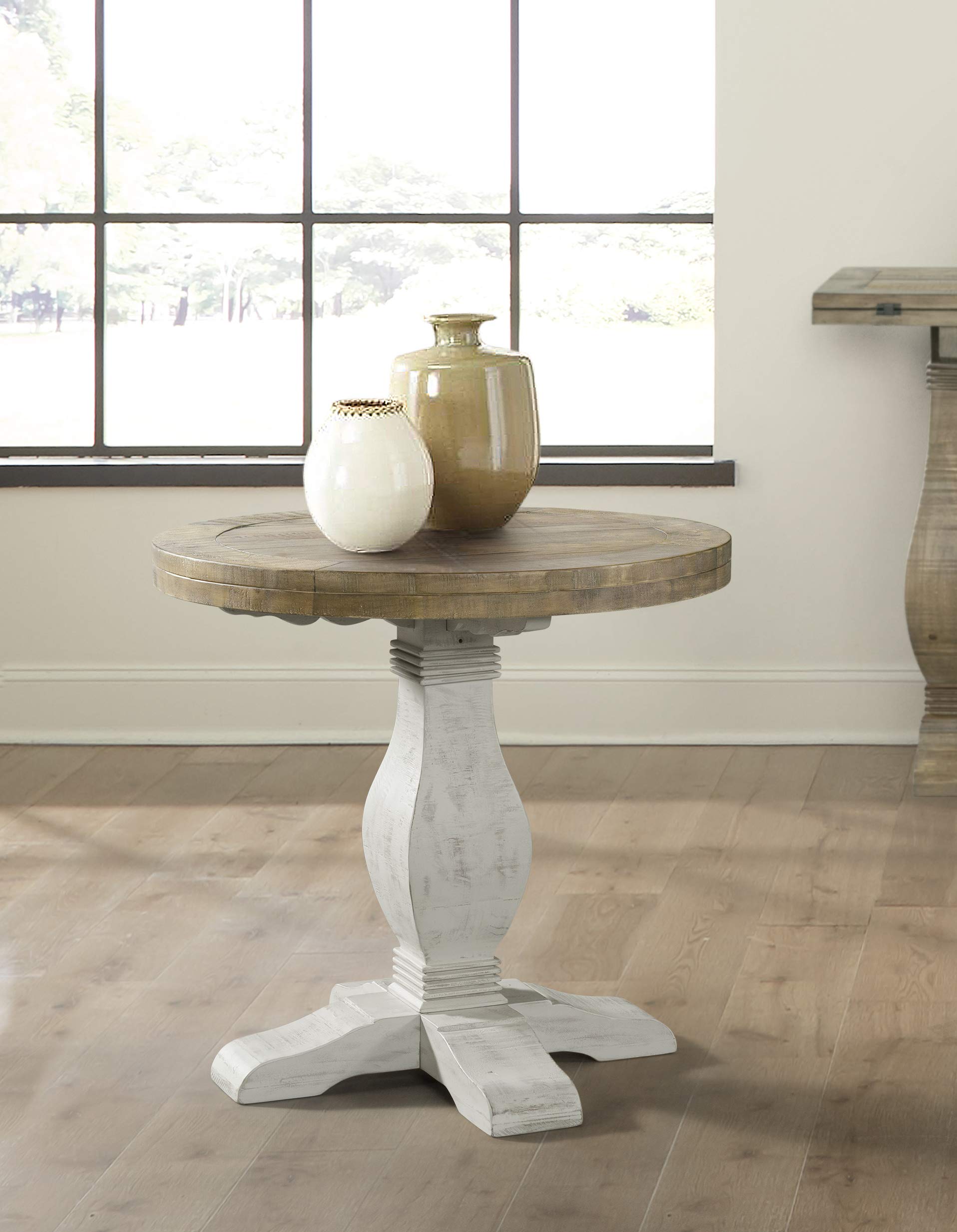 Rustic Reclaimed Wood Round End Table - Solid Farmhouse Nightstand for Living Room & Bedroom, 26
