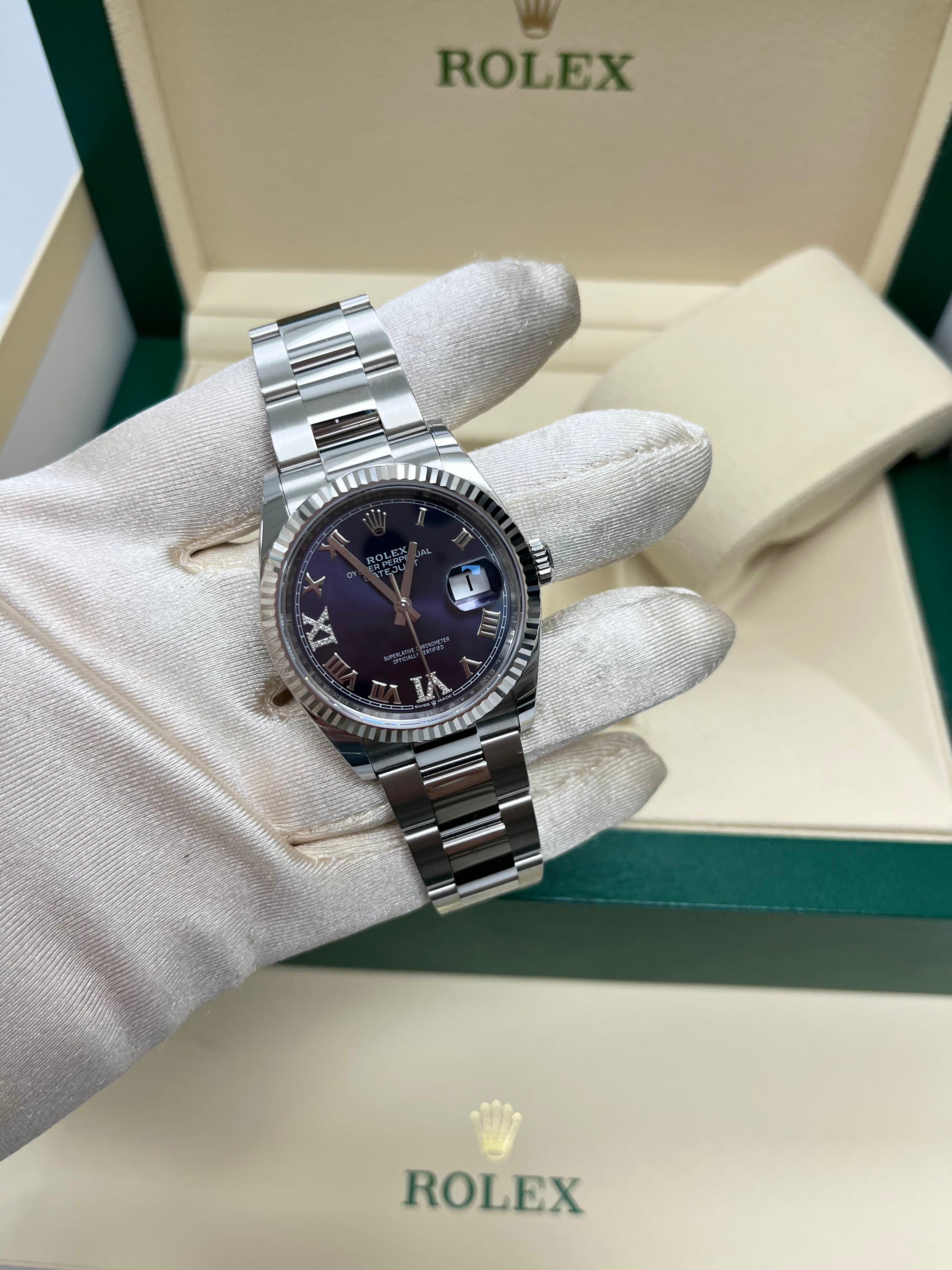 Rolex Datejust 36 Watch - Fluted Bezel, Aubergine Purple Dial with Diamond Roman VI & IX Markers, Oyster Bracelet (Ref# 126234) | Luxury Timepiece for Men & Women, Perfect for Business, Formal Events & Special Occasions