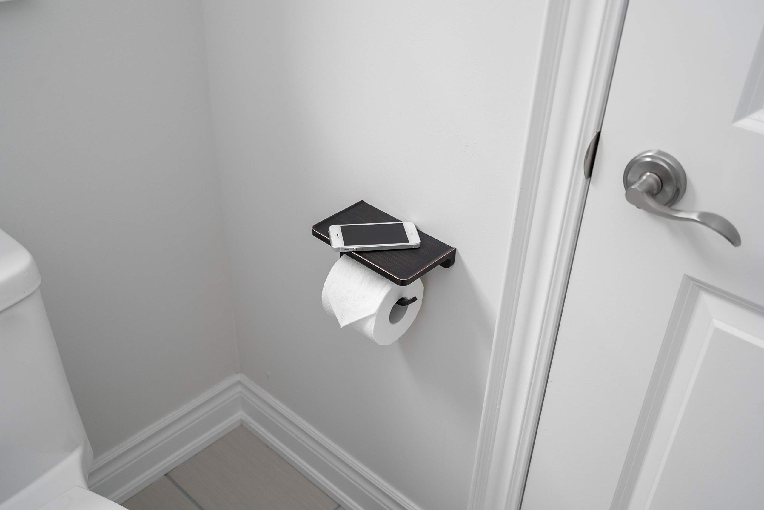 Oil Rubbed Bronze Toilet Paper Holder with Shelf - Wall Mount Bathroom Storage Organizer, Rust-Proof Aluminum Phone Shelf - Perfect for Small Bathrooms, Powder Rooms & Vanity Areas (Matte Finish)