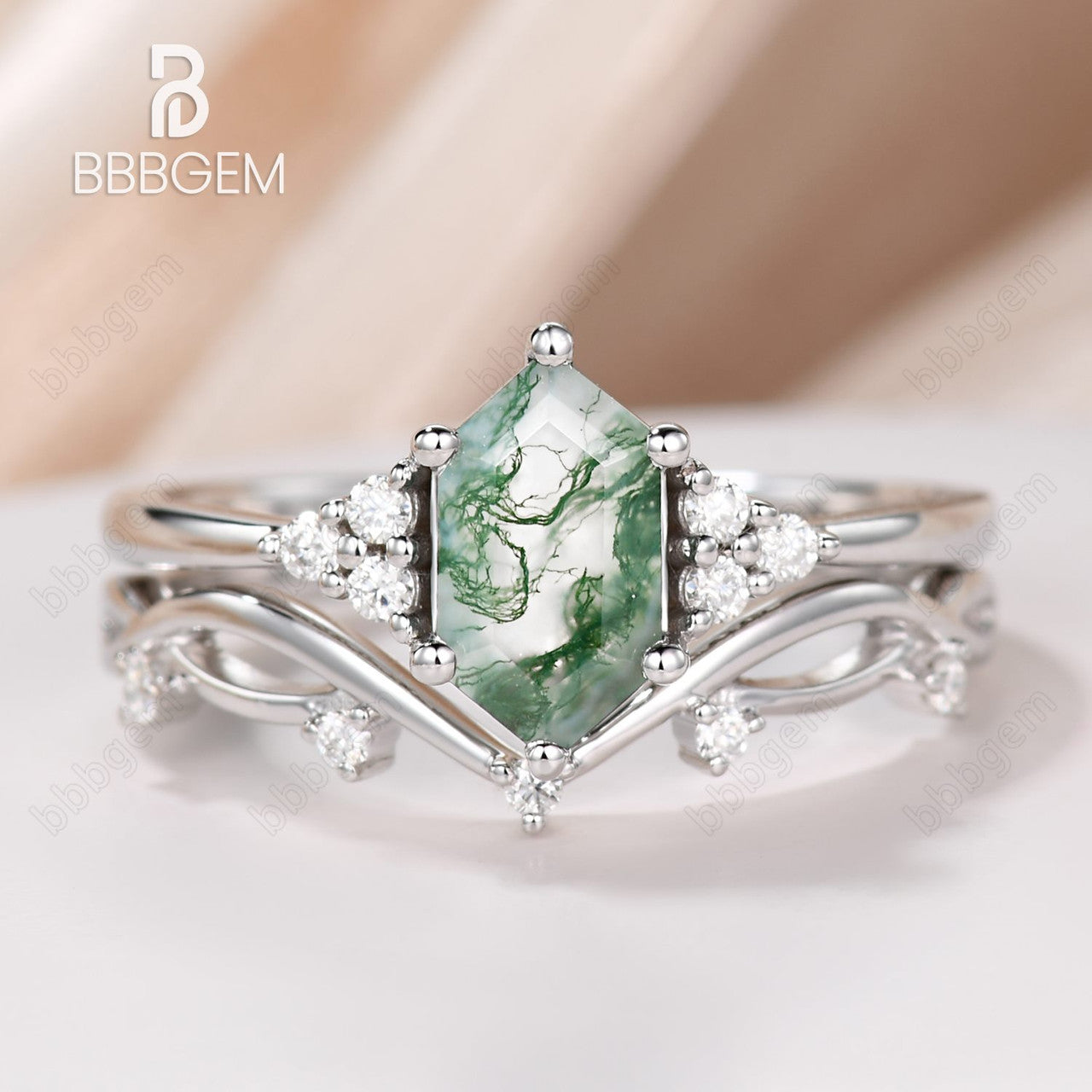 Vintage Moss Agate Hexagon Cut Branch Leaf Vine Art Deco Promise Ring Set for Women - Nature Inspired Jewelry for Engagement, Wedding, Anniversary & Everyday Boho Fashion