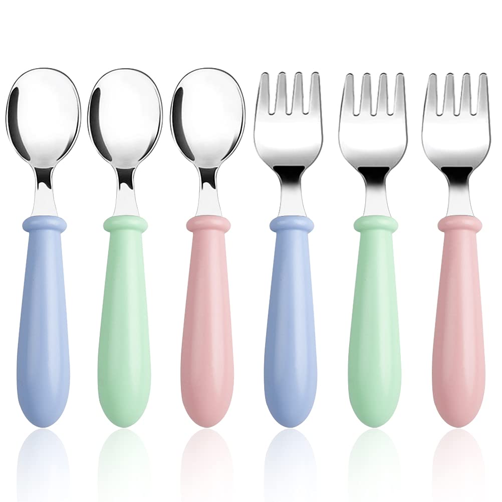 6-Piece Stainless Steel Kids Utensil Set - Toddler Safe Flatware with Rounded Handles (3 Forks + 3 Spoons) | BPA-Free, Dishwasher Safe | Perfect for School Lunches, Picnics & Family Dining (Pink, Blue, Green)