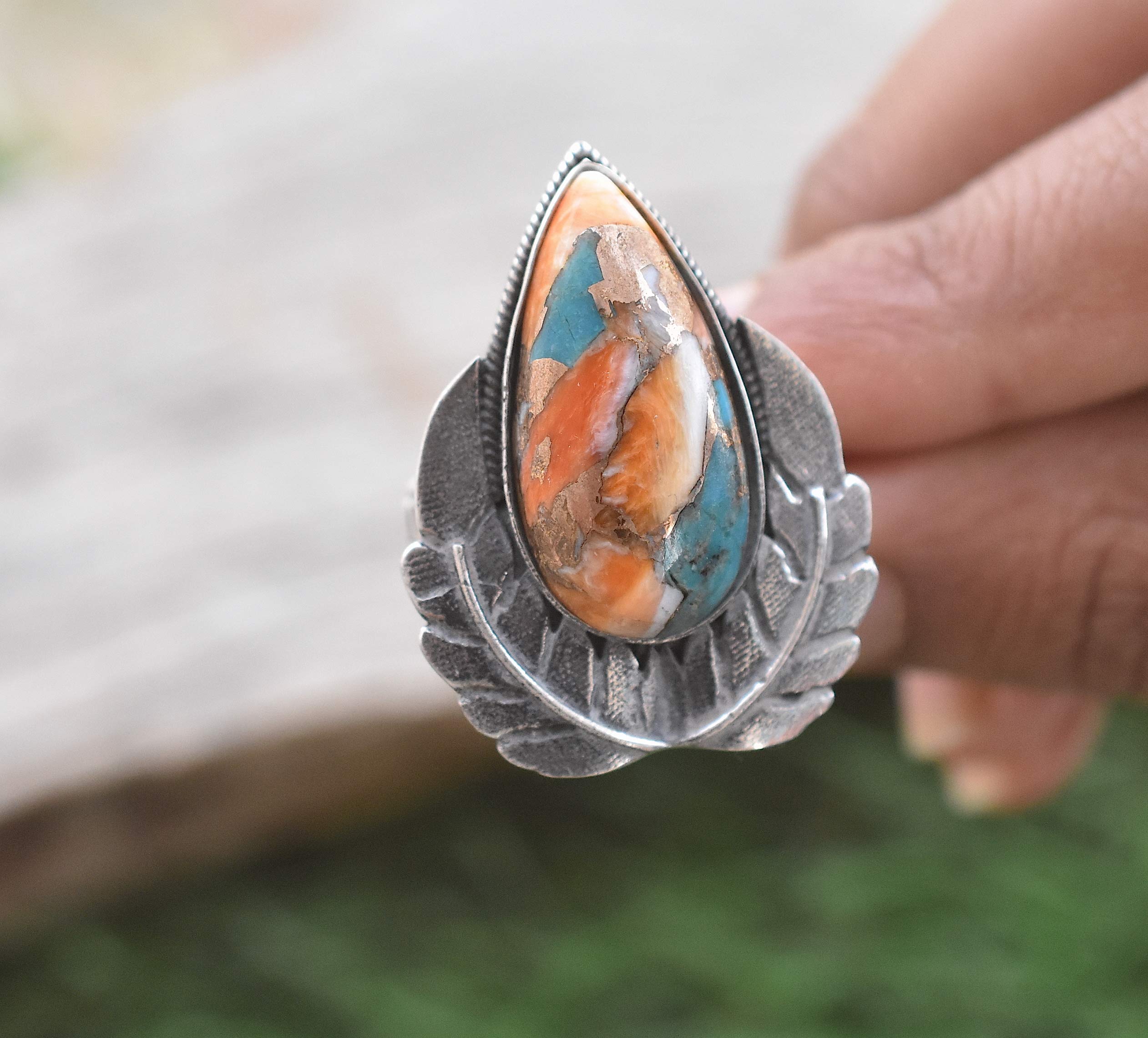 Vintage Handmade 925 Sterling Silver Oyster Copper Turquoise Ring - Boho Hippie Jewelry, Spiny Turquoise Birthstone Ring for Women, Perfect Birthday Gift (TQ-15) | Ideal for Boho Fashion, Hippie Style & Everyday Wear