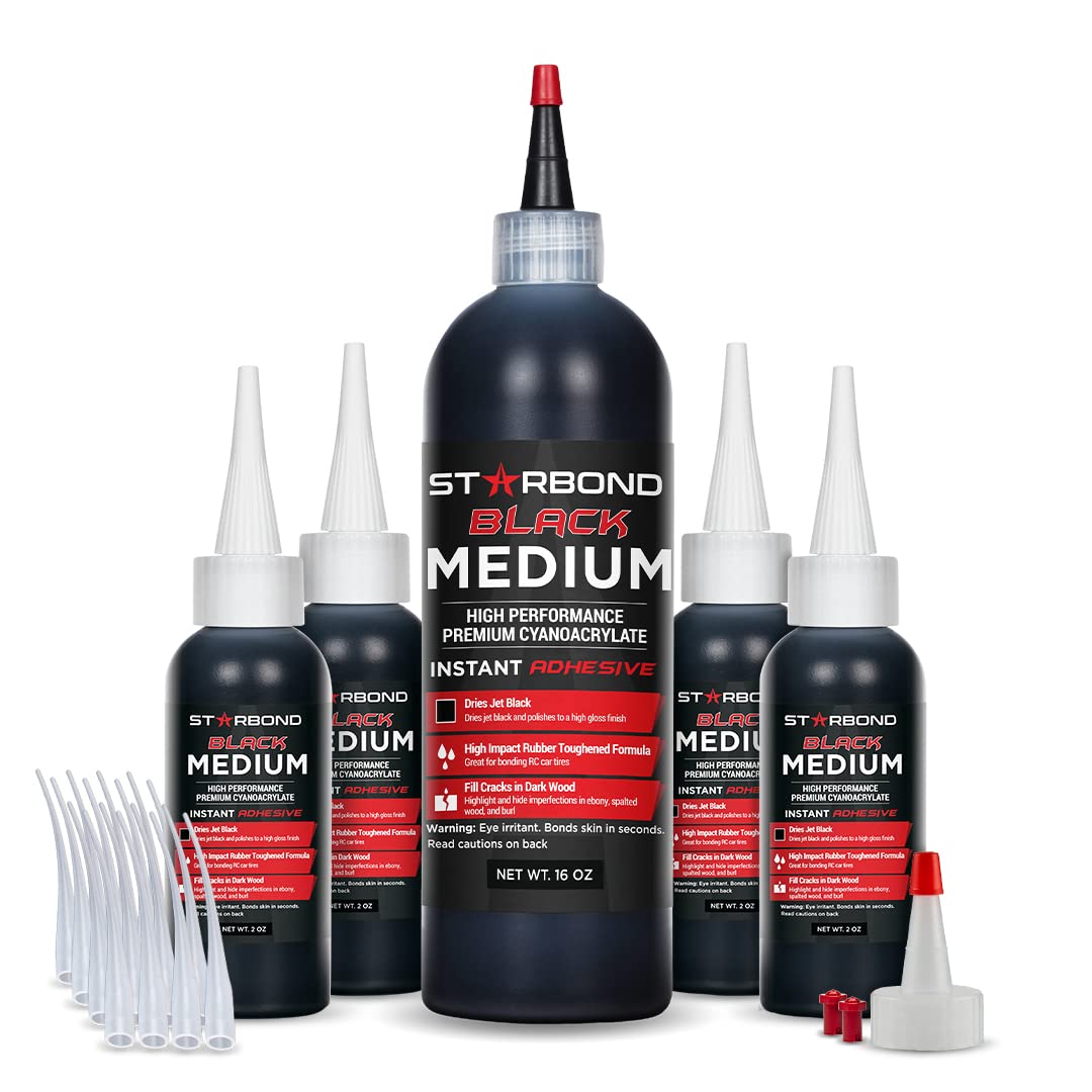 Premium Cyanoacrylate (CA) Super Glue - 16oz (453g) Black Medium Crack Filler 150 CPS Viscosity | Woodworking, Woodturning, Carpentry Adhesive | Complete Refill Kit for DIY Projects & Professional Repairs