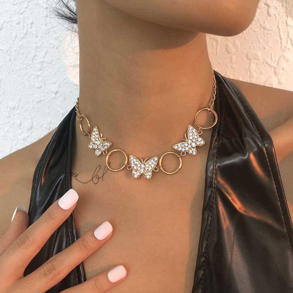 Sparkly Butterfly Crystal Choker Necklace - Gold Iced Collar Chain Circle Link Fashion Jewelry for Women | Perfect for Parties, Weddings & Date Nights