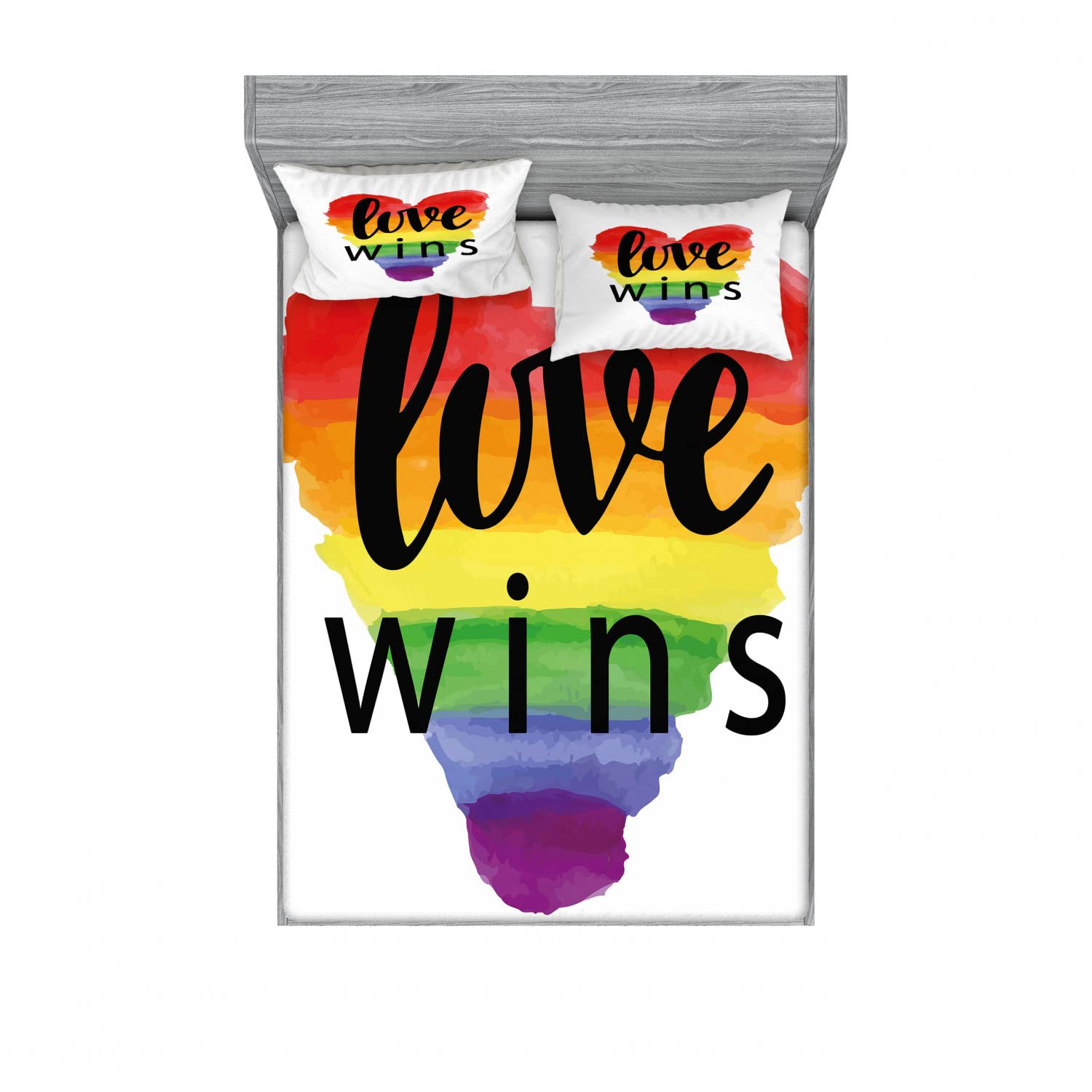 Ambesonne 2-Pack King Size Fitted Sheet Set with 4 Pillow Shams - Rainbow Pride Bedding Collection, Vibrant Gay Parade Slogan Design, Soft Wrinkle-Resistant Fabric (Multicolor) - Perfect for Pride Month Decor, LGBTQ+ Themed Bedrooms & Festival Celebrations