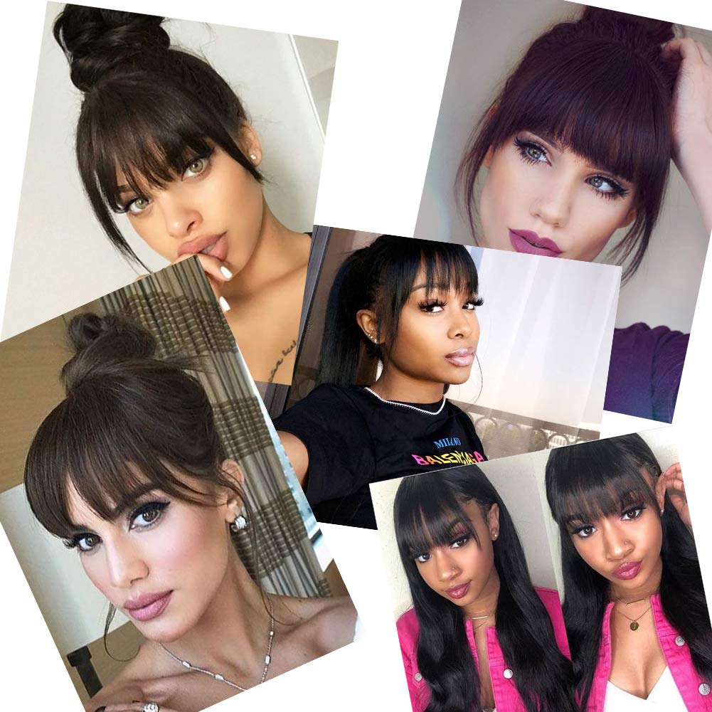 Brazilian Human Hair Clip-In Bangs for Black Women | 6-8 Inch Natural Black Straight French Bangs with Temple | Muzinuo Hair Extensions | Perfect for Daily Wear, Parties & Protective Styles