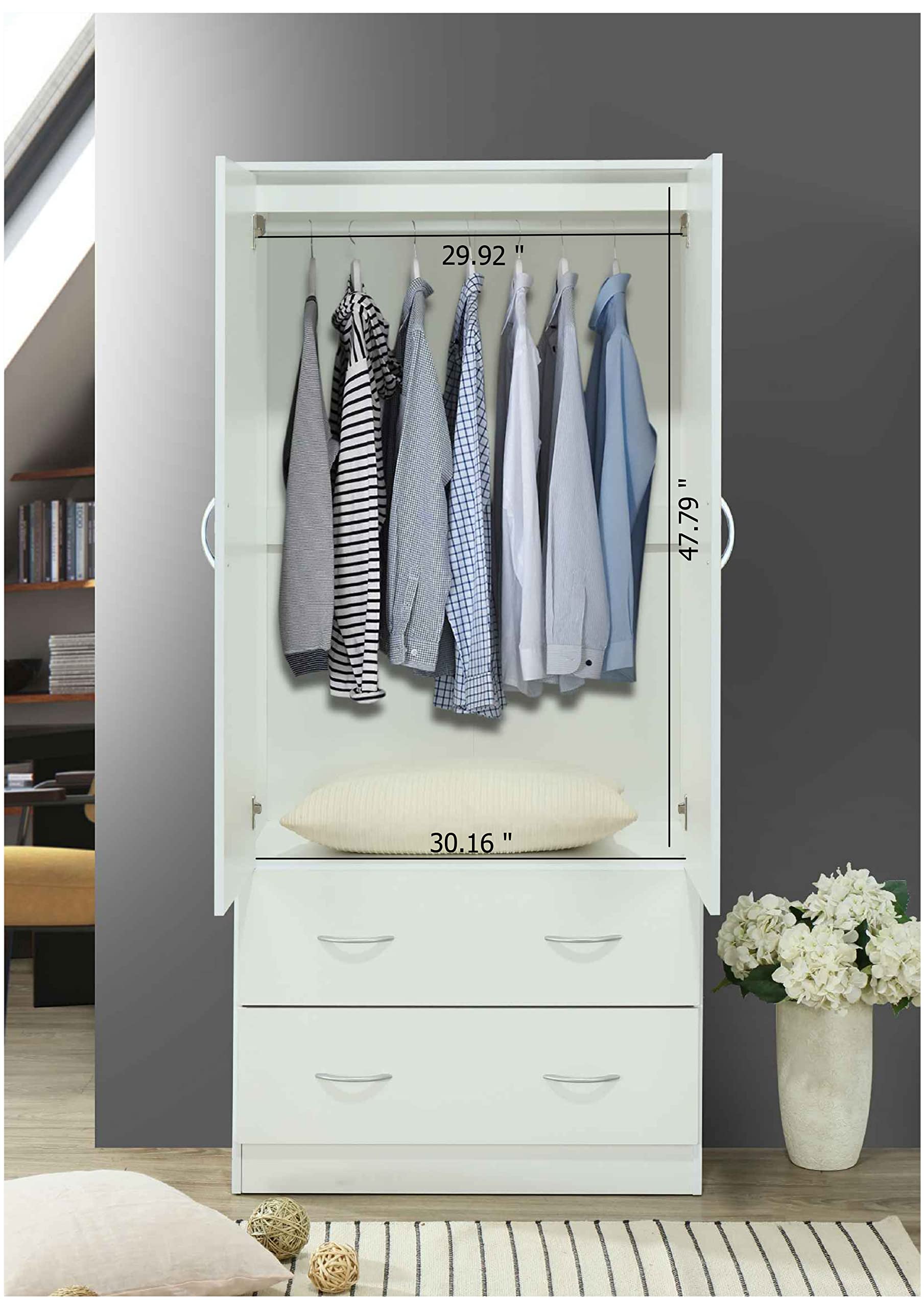 HODEDAH 2 Door Wood Wardrobe Closet with Hanging Rod & 2 Storage Drawers - White | Freestanding Bedroom Cabinet for Clothes Organization & Home Storage