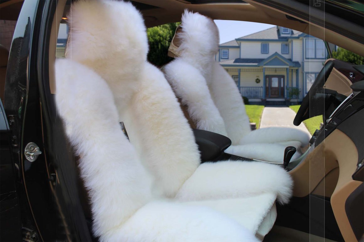 Premium Fluffy Wool Car Seat Covers Set - 4 Piece Luxury Front & Rear Seat Protectors (White) | Soft & Warm Winter Car Accessories for SUVs, Sedans & Trucks