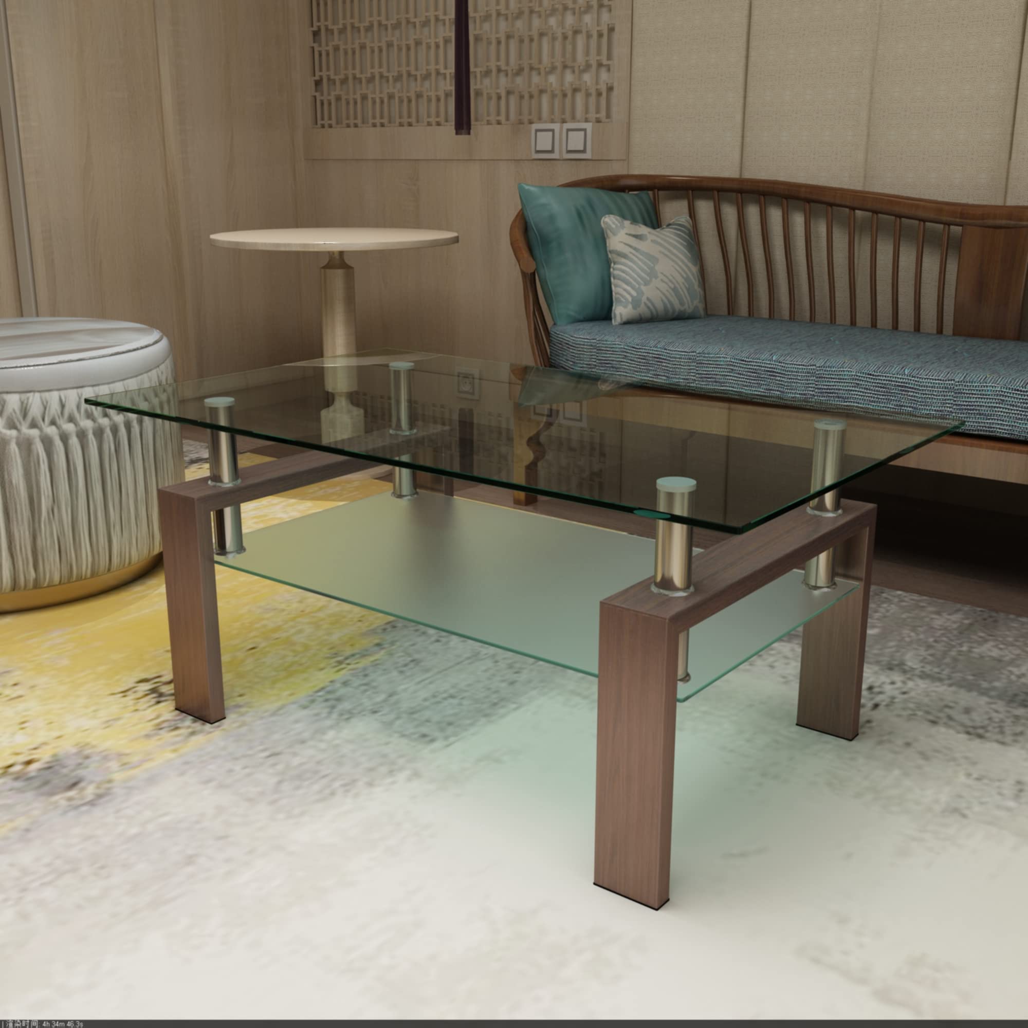 Modern 2-Tier Glass Coffee Table with Storage Shelf - Clear Walnut Finish Living Room Center Table | Perfect for Small Spaces, Apartments & Contemporary Home Decor