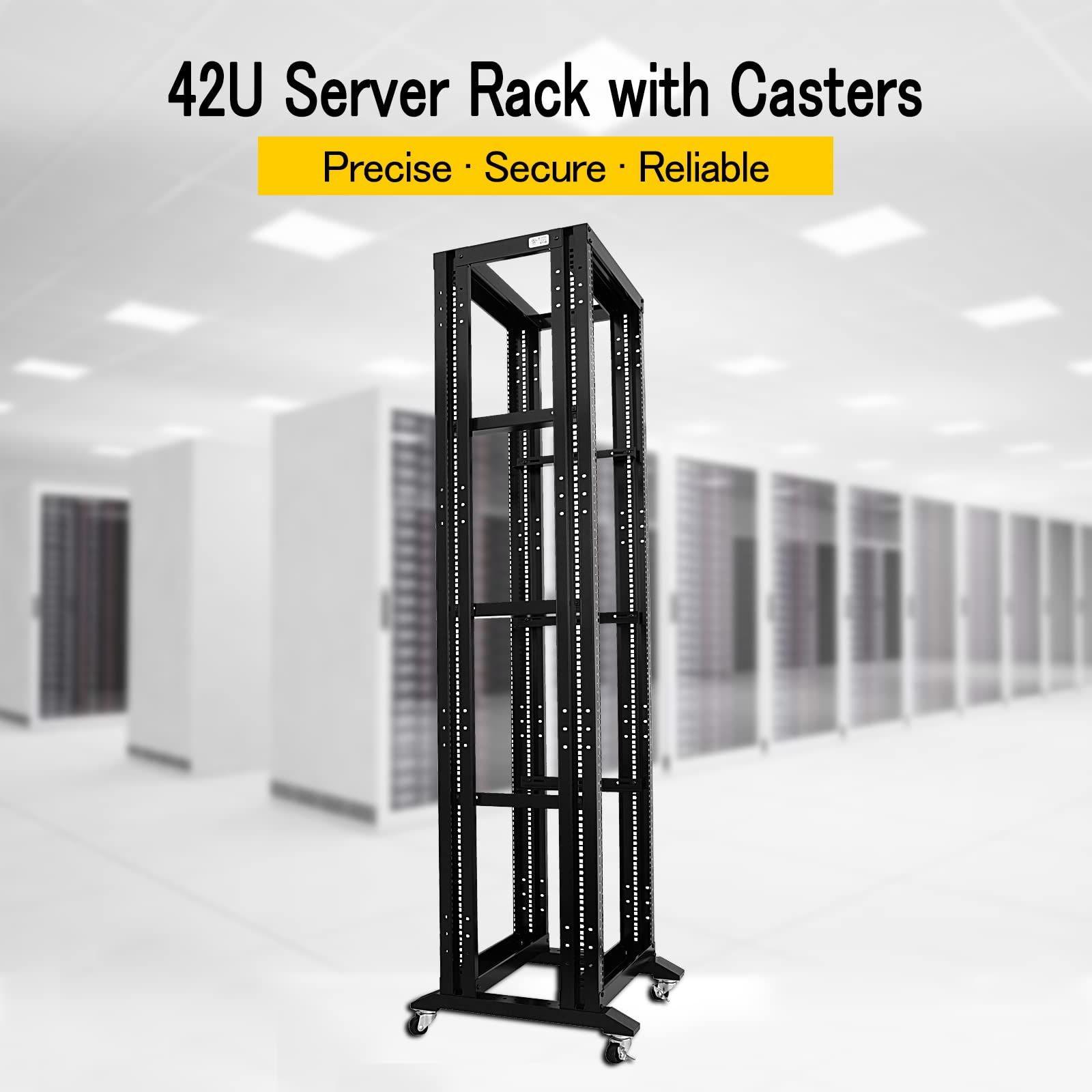 42U Open Frame Server Rack - 600MM Deep 4 Post Network Cabinet with 3 Pairs of L-Rails | Heavy Duty Aluminum Rack for Data Center, Server Room & IT Equipment | UL Certified Server Rack for Secure Network Installation