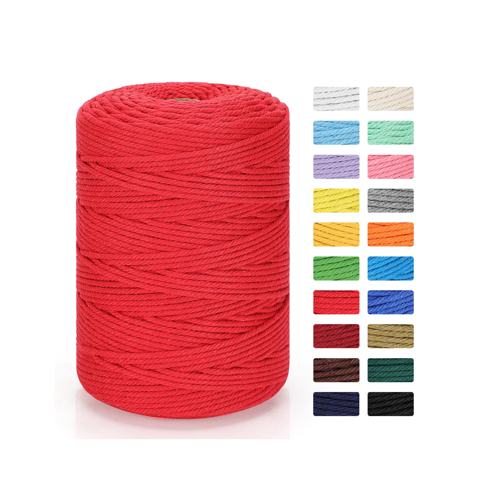 3mm x 328yd Natural Cotton Macrame Rope - 4 Strand Twisted DIY Craft Cord for Knitting, Plant Hangers, Wall Hangings & Boho Wedding Decorations | Perfect for Home Decor, Gift Wrapping & Macrame Projects (Red)