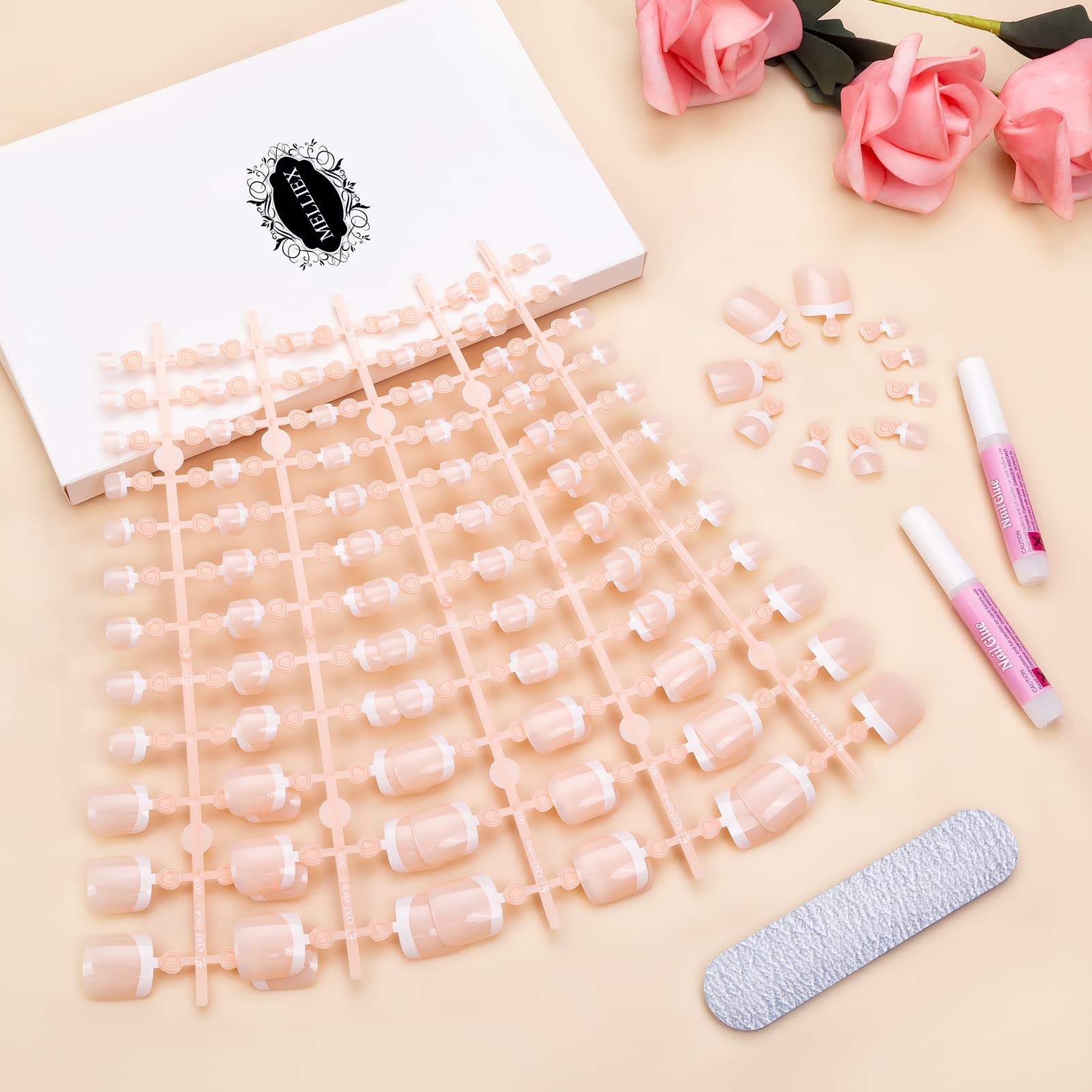 MELLIEX 120Pcs False Toenails Set - Full Cover Fake Toenail Tips with Glossy Finish & Nail Files - 12 Sizes for Women & Girls - Perfect for Nail Salon, DIY Nail Art, Pedicures, and At-Home Manicures