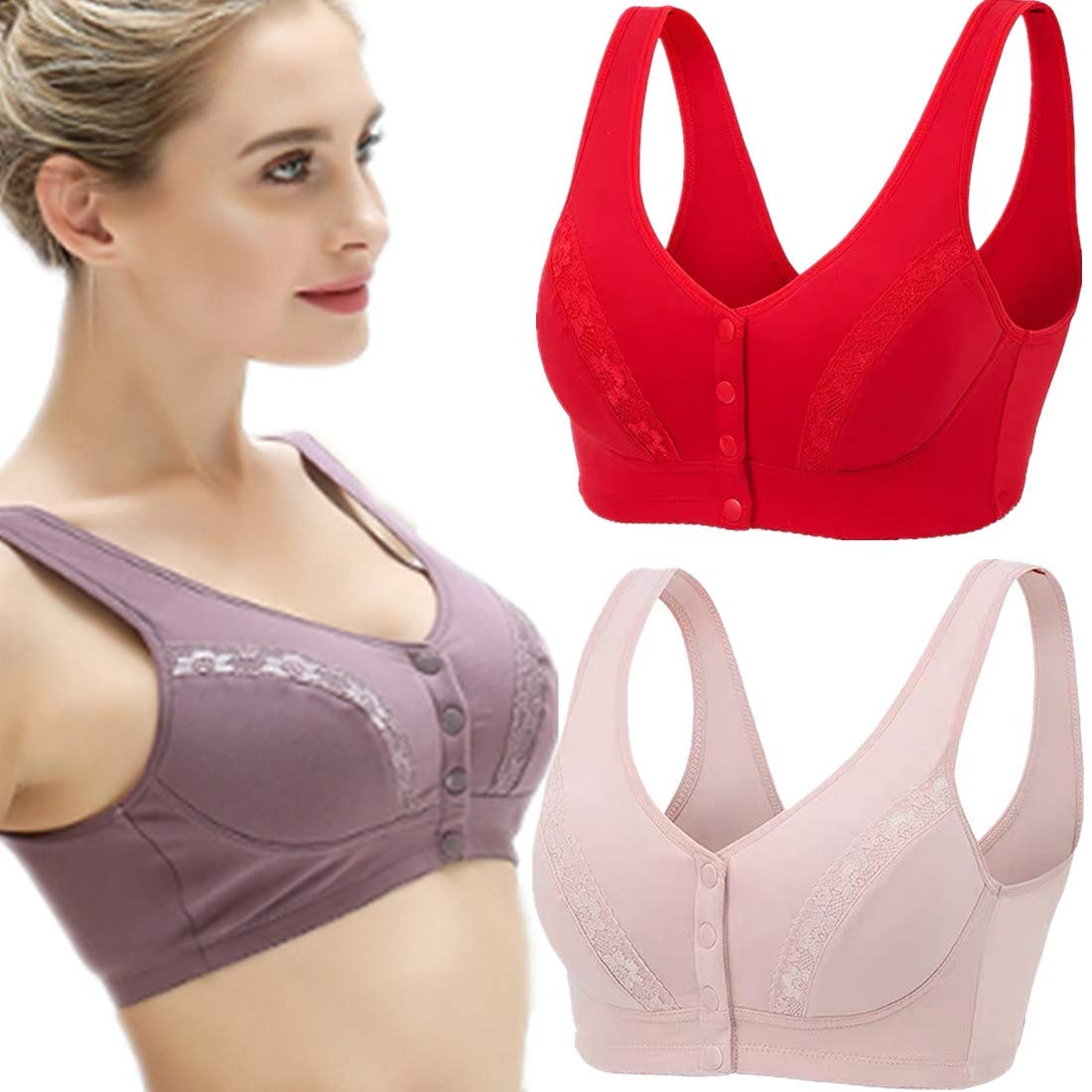 Women's Comfortable Cotton Soft Cup Front Closure Bra - Breathable Lace Everyday Bra with Light Padding for Work, Yoga & Relaxation