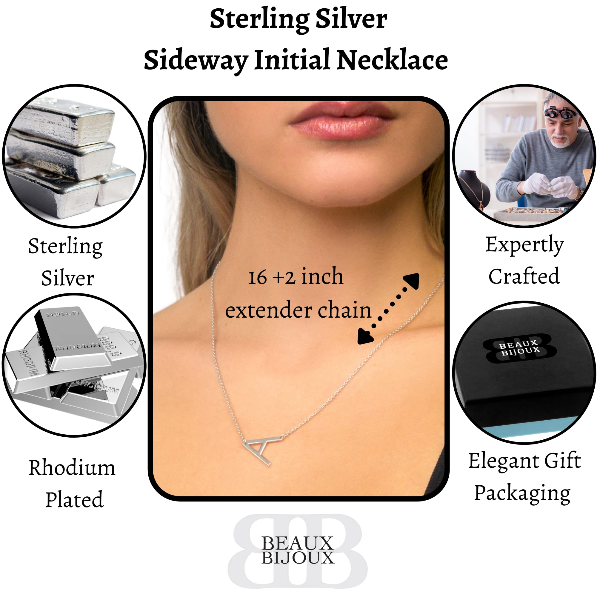 Sterling Silver Sideways Initial Necklace for Women - Personalized Letter Pendant Necklace - Dainty Monogram Jewelry Gift for Her - Perfect for Birthdays, Anniversaries & Everyday Wear