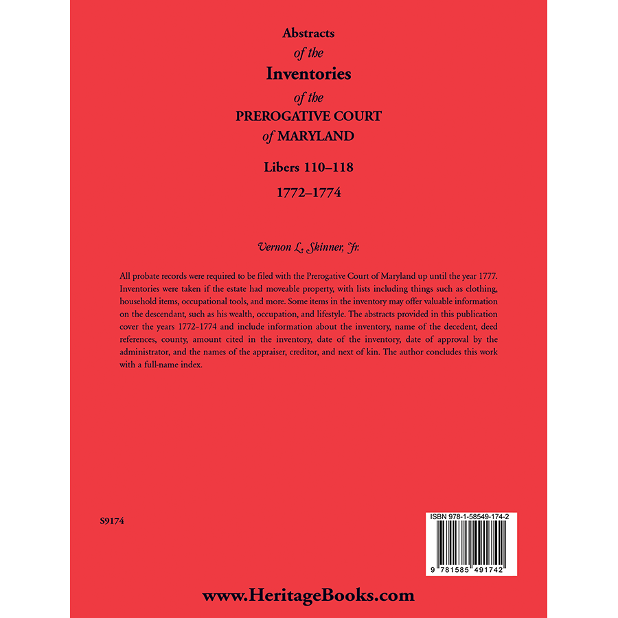 Abstracts of the Inventories of the Prerogative Court of Maryland (1772-1774, Libers 110-118) - Genealogy Research & Historical Document Collection for Ancestry Studies