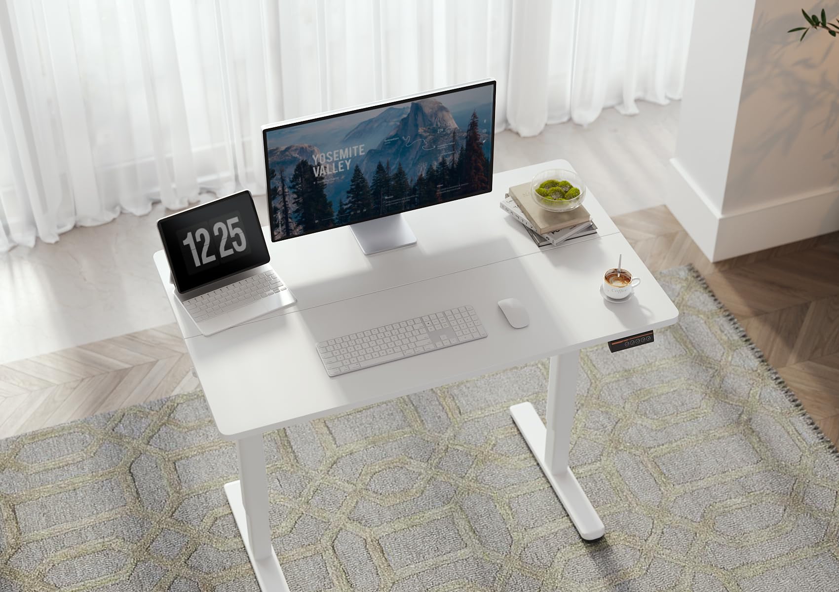 Seang Electric Standing Desk 48x24 Inch - Adjustable Height Sit Stand Desk with Splice Board, White Frame & White Top - Perfect for Home Office, Computer Workstation & Remote Work Setup
