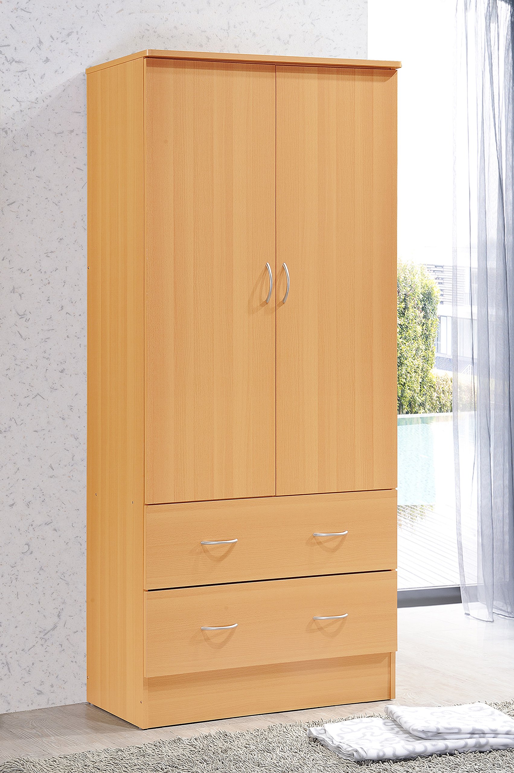 HODEDAH 2 Door Wood Wardrobe Closet with Clothing Rod & 2 Storage Drawers - Beech Finish for Bedroom Organization & Clothes Storage