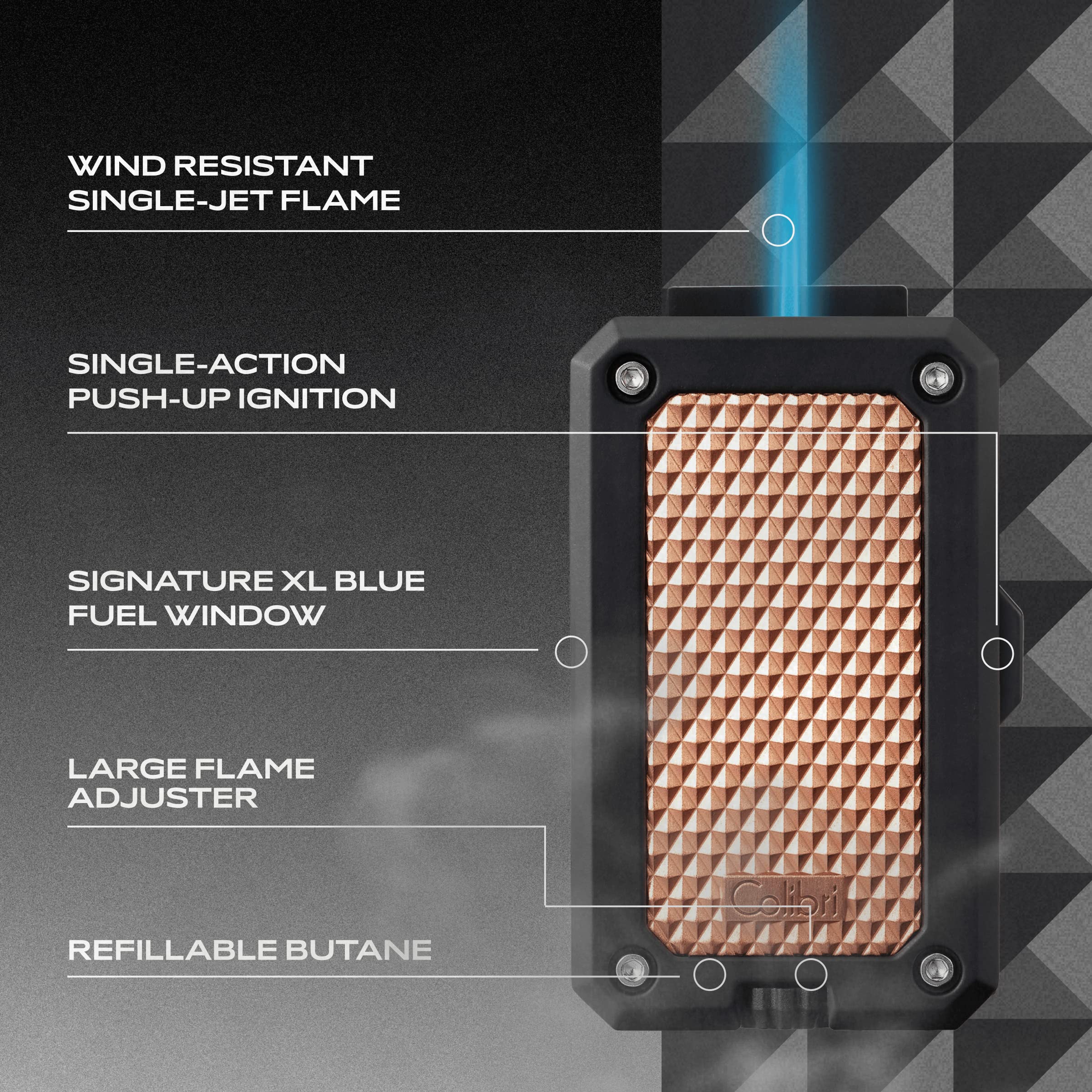 Colibri Rally Single Jet Flame Butane Lighter - Windproof Refillable Cigar Lighter with Blue Fuel Window & Adjustable Flame (Black/Rose) - Perfect for Cigar Smoking, Outdoor Camping & BBQ Use