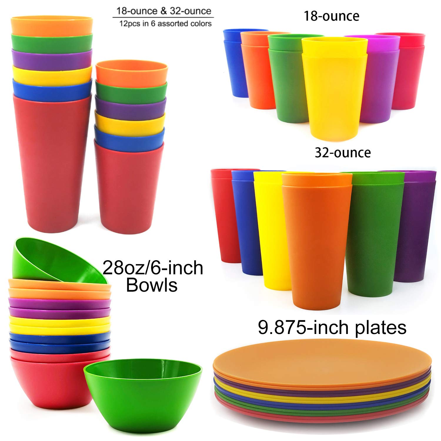 KX-WARE 12-Pack Unbreakable Plastic Dinner Plates - 9.875 Inch Reusable BPA-Free Dishwasher Safe Colorful Plates for Parties, Picnics & Outdoor Dining