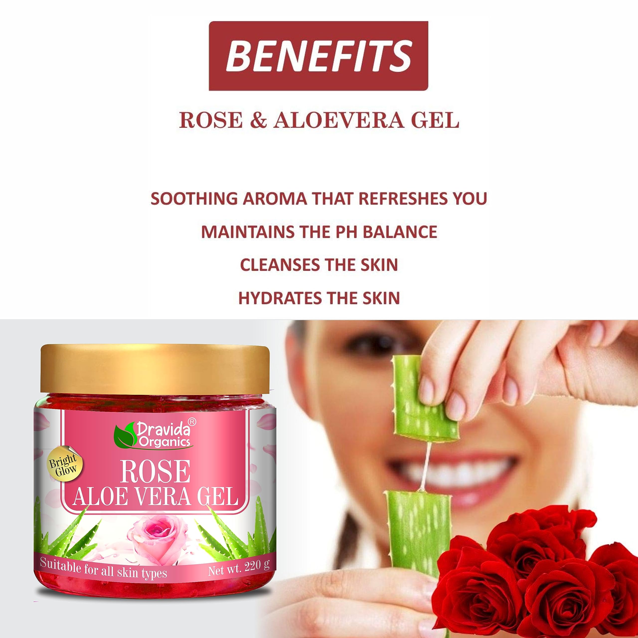 Dravida Organics 100% Pure Rose Aloe Vera Gel for Skin & Hair Care - 220gm x 2 Pack | Hydrating, Soothing & Nourishing Face & Body Moisturizer | Perfect for Sunburn Relief, Hair Mask & Daily Skincare Routine