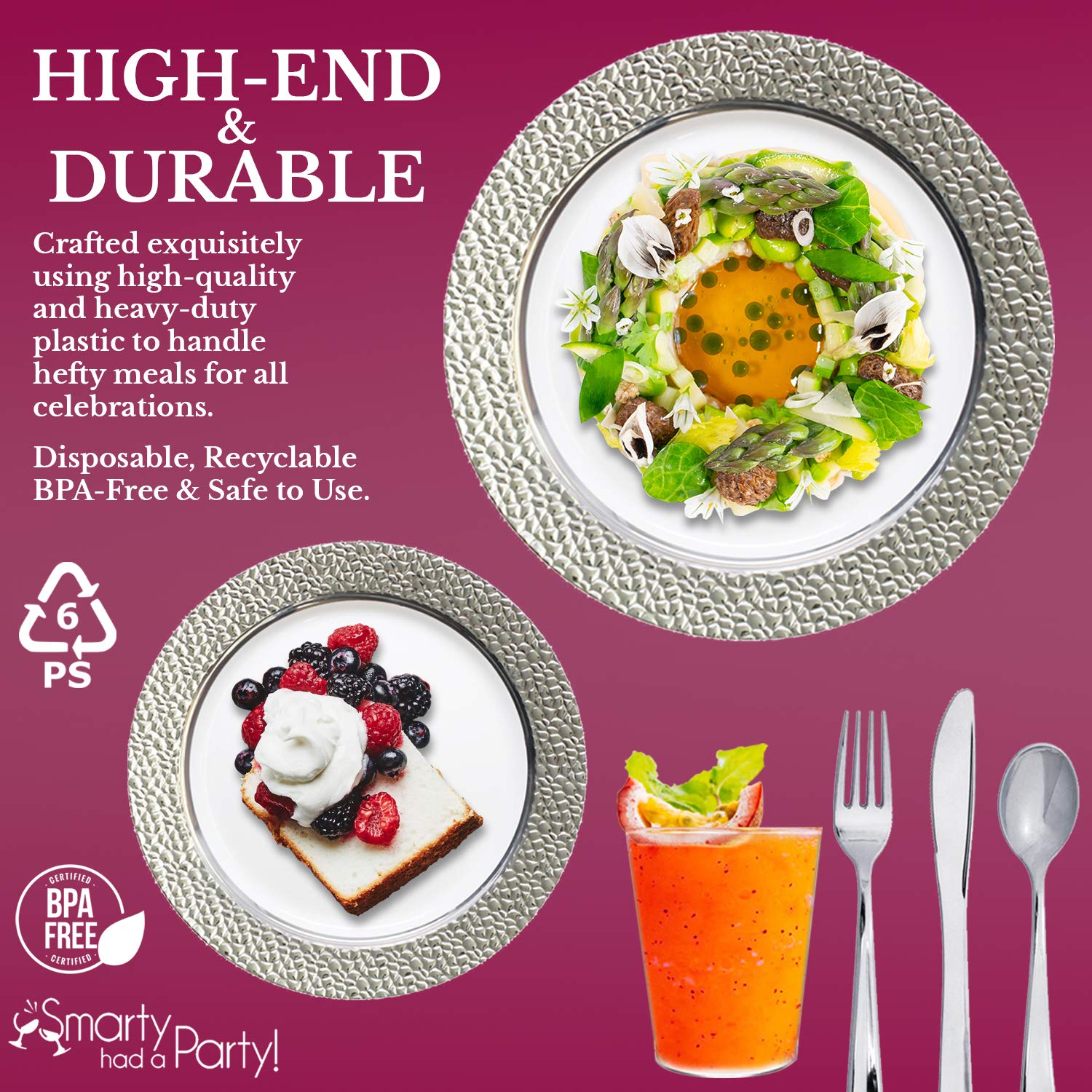 Premium Disposable Plastic Dinnerware Set for 120 Guests - Elegant White with Silver Hammered Rim Plates, Salad/Dessert Plates, Cutlery & Cups | Perfect for Weddings, Birthday Parties, Catering & Special Events | Durable & Stylish Party Tableware