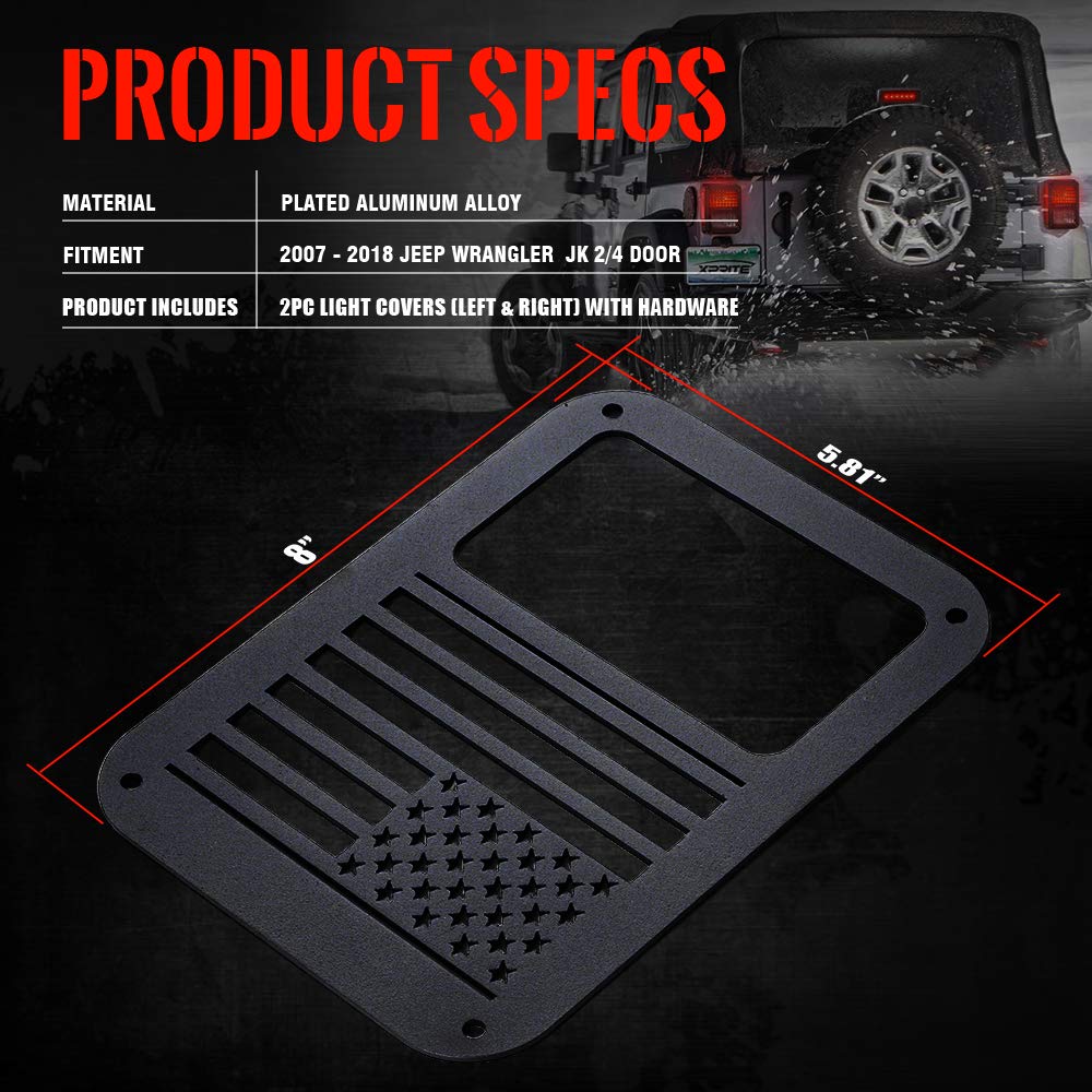 Xprite Aluminum Alloy American Flag Tail Light Covers for 2007-2018 Jeep Wrangler JK Unlimited - Durable Protectors & Guards (Pair) - Perfect for Off-Road Adventures & Patriotic Style