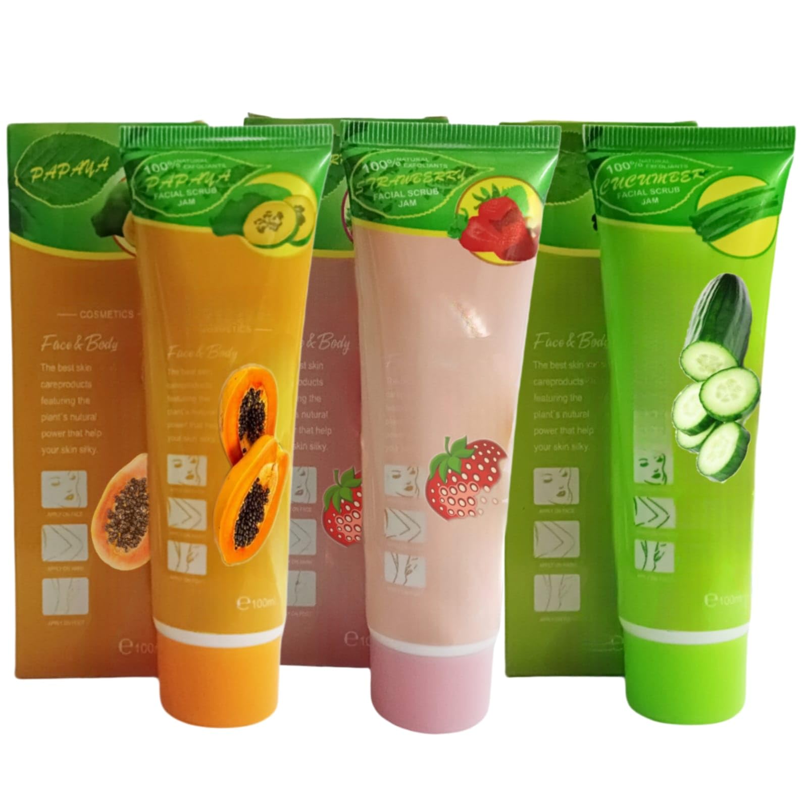 Exfoliating Face & Body Scrub Gel - Dead Skin Remover, Deep Cleansing with Cucumber, Papaya & Strawberry Extracts (100ml x 3 Pack) | Gentle Exfoliation for Smooth Skin - Perfect for Daily Skincare Routine & Spa Treatment at Home