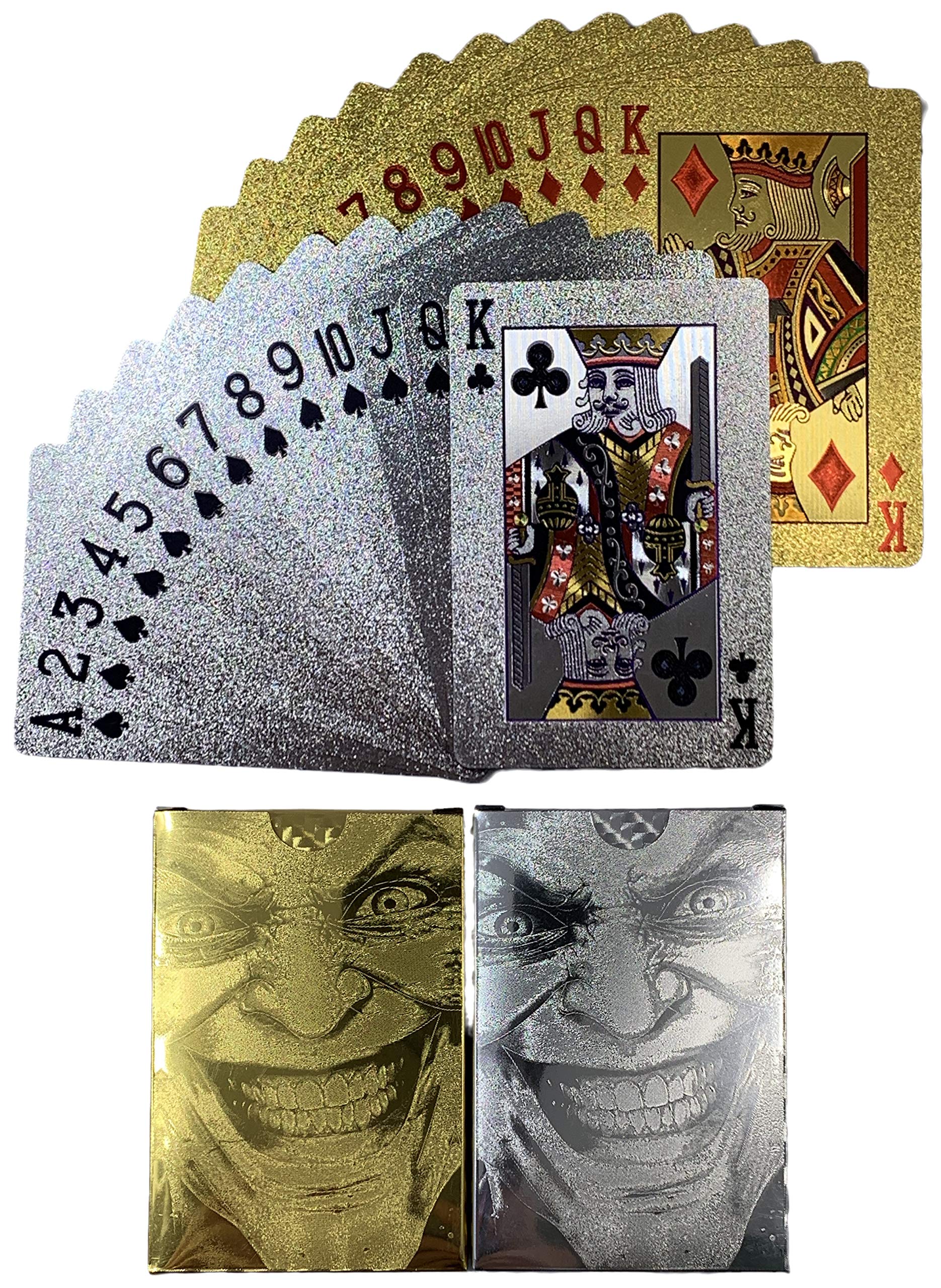 Kxlody 2 Decks Unique Themed Evil Smile Clown Playing Cards - Waterproof Plastic PET Poker Cards for Magic Tricks & Party Games (Gold & Silver) - Perfect for Game Nights, Poker Parties & Magic Shows