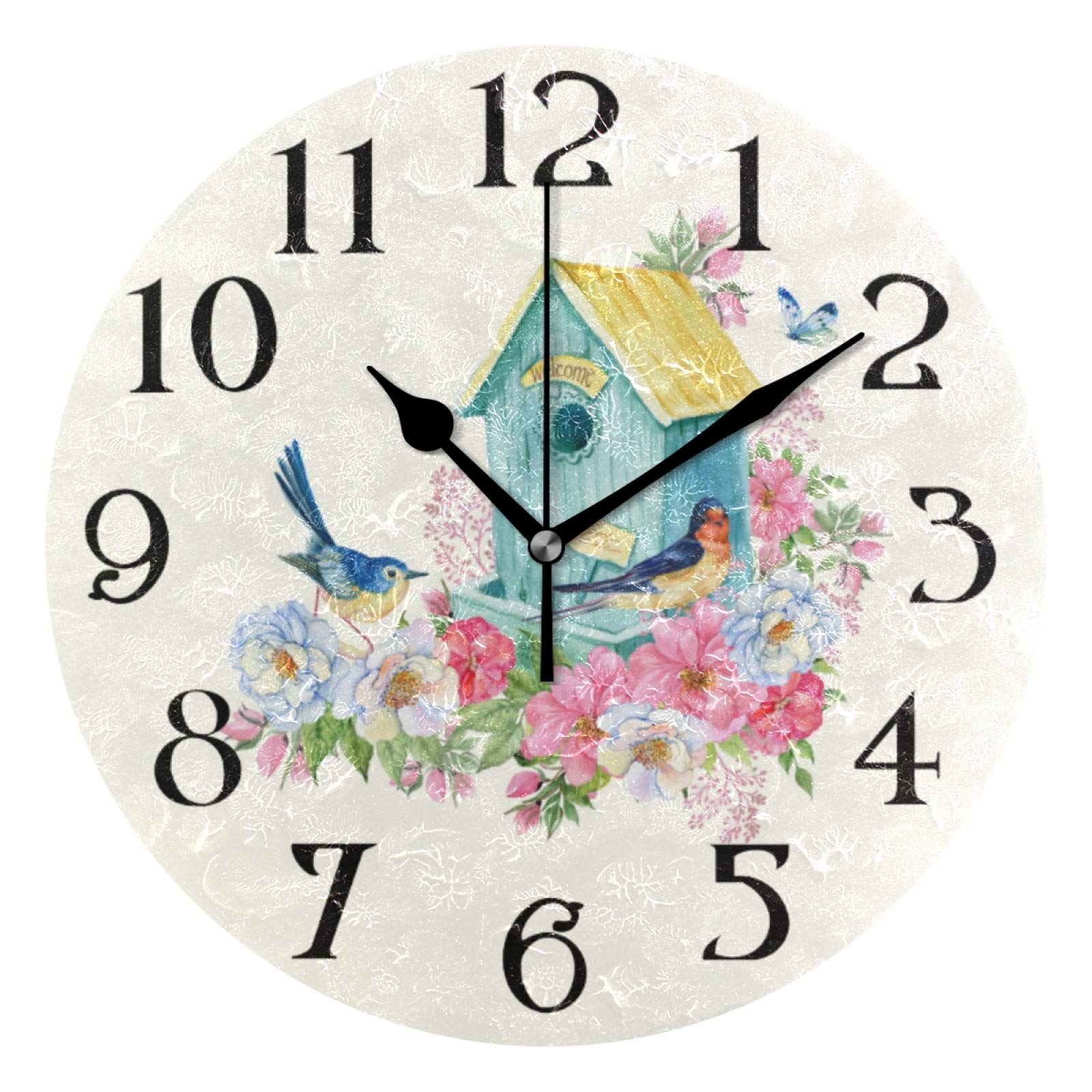 Butterfly & Bird House Wall Clock - 9.5 Inch Silent Non-Ticking Round Quartz Analog Clock for Bathroom, Kitchen, Garden - Battery Operated Decorative Wall Clock for Home & Office Use