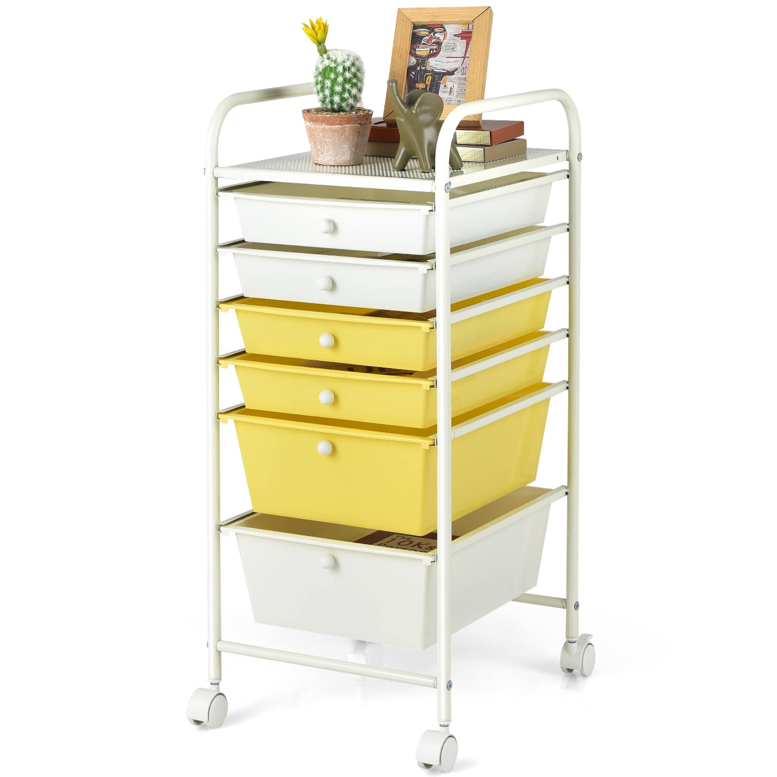 Giantex 6-Drawer Rolling Utility Cart - Mobile Storage Organizer for Tools, Scrapbook Paper, Office & School Supplies - Beige & Yellow - Perfect for Home, Office, Classroom & Craft Room Organization