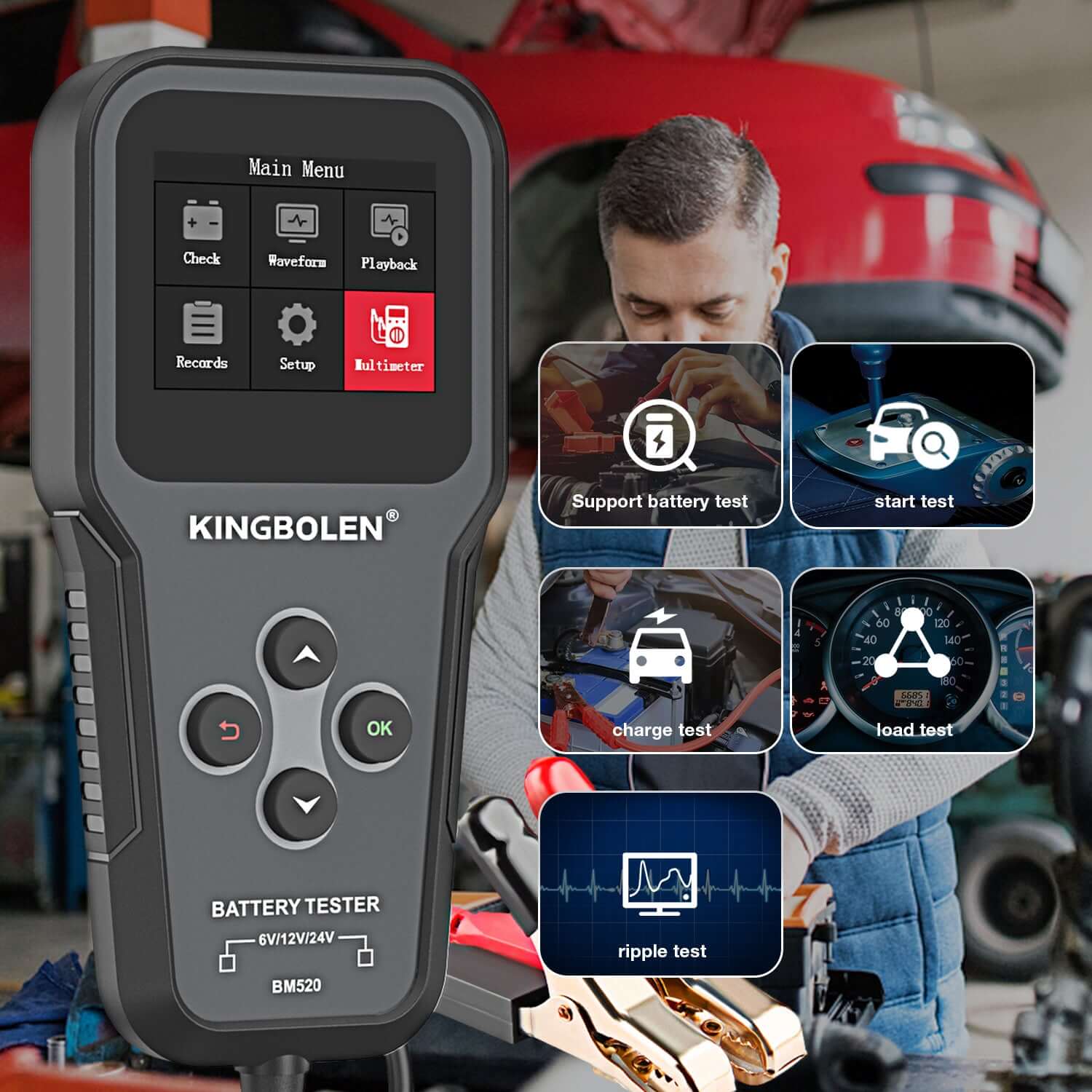 KINGBOLEN® BM520 6V 12V 24V Car Battery Tester - Digital Automotive Battery Analyzer for Cars, Trucks & Motorcycles - Perfect for Home Mechanics & Auto Shops