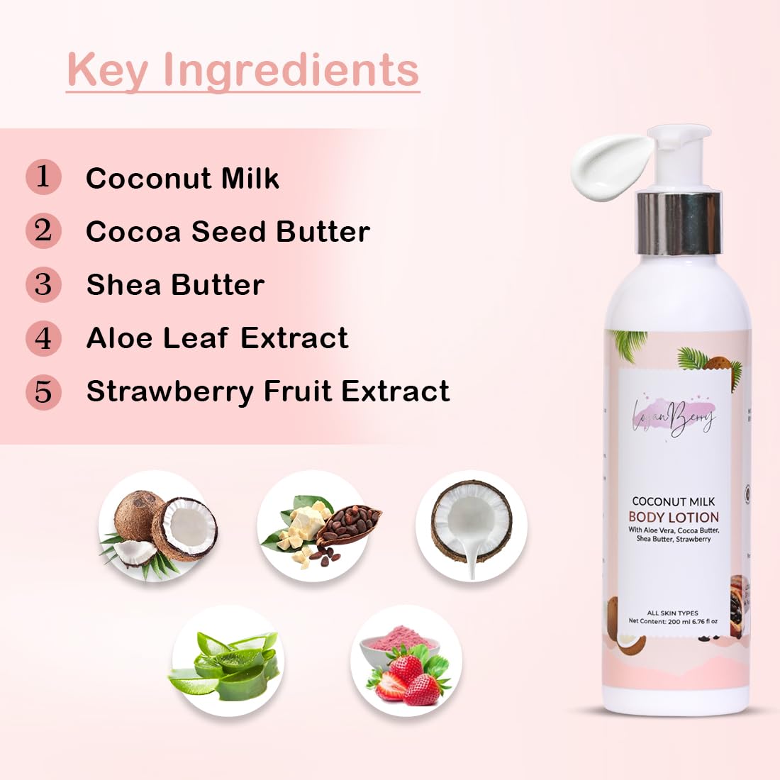LOGANBERRY Coconut Milk & Aloe Vera Body Lotion with Cocoa Butter & Shea Butter - 100% Natural 48-Hour Moisturizer for All Skin Types - Deep Nourishing Hydration - 200ml - Perfect for Dry Skin & Daily Body Care